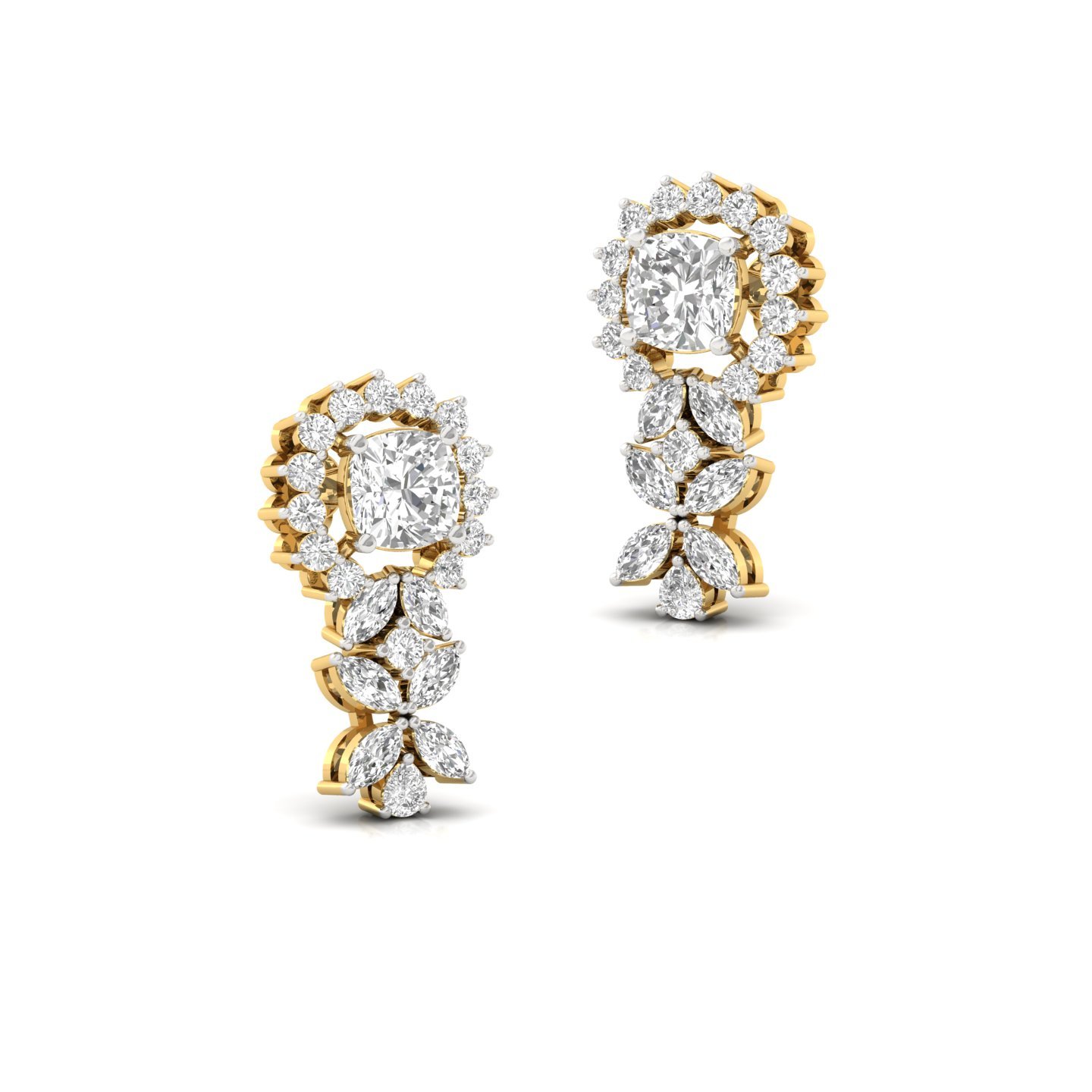 Cushion Cut Diamond Drop Earrings (1 Pair) | Lab Grown CVD Diamond Halo & Marquise Earrings | 925 Silver | 10K | 14K | 18K - View 3