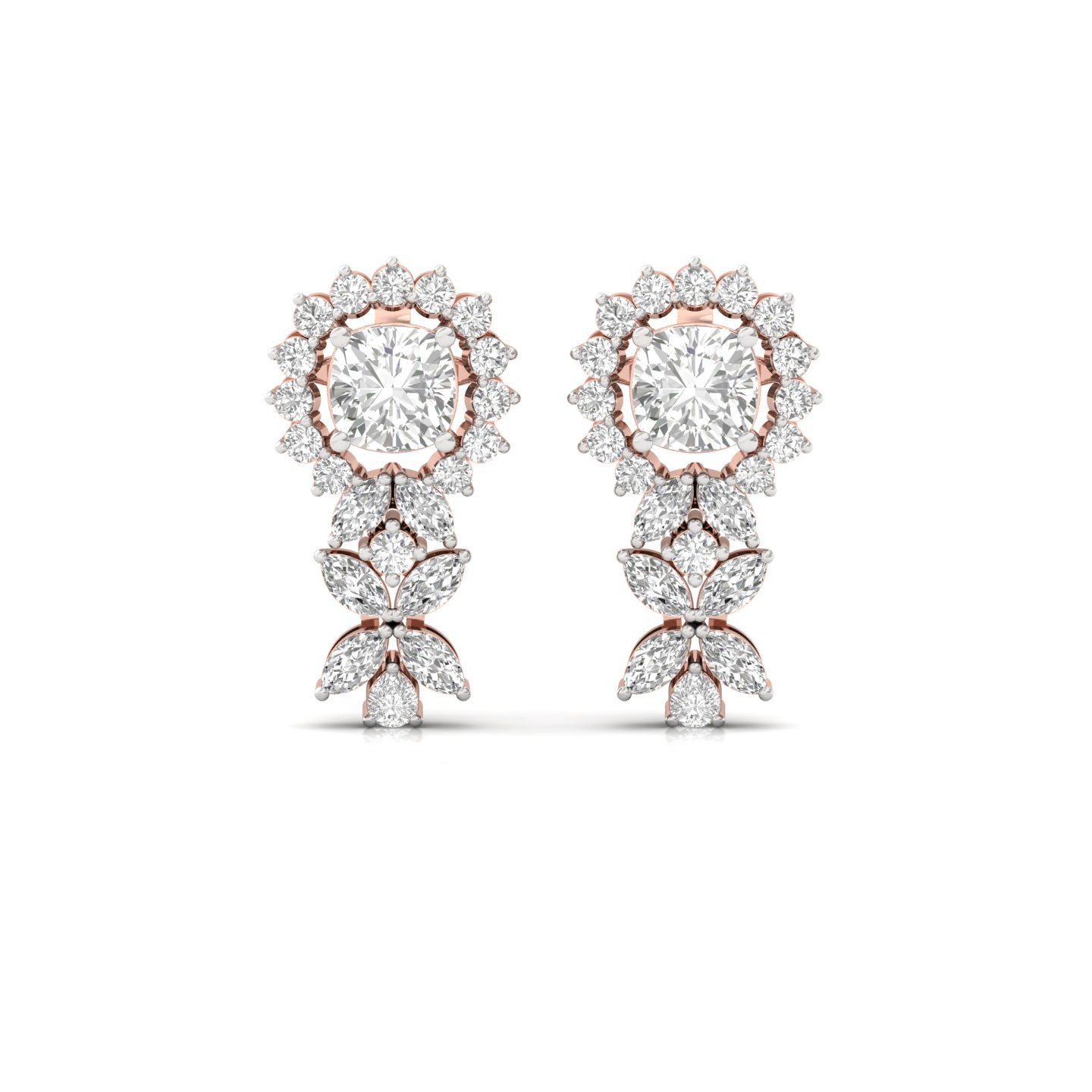 Cushion Cut Diamond Drop Earrings (1 Pair) | Lab Grown CVD Diamond Halo & Marquise Earrings | 925 Silver | 10K | 14K | 18K - View 2
