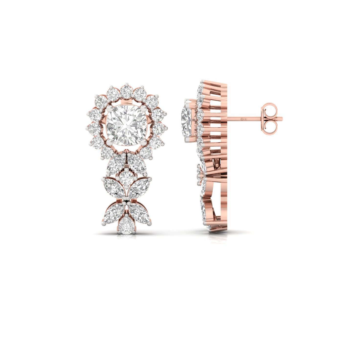 Cushion Cut Diamond Drop Earrings (1 Pair) | Lab Grown CVD Diamond Halo & Marquise Earrings | 925 Silver | 10K | 14K | 18K - Rose Gold Main View