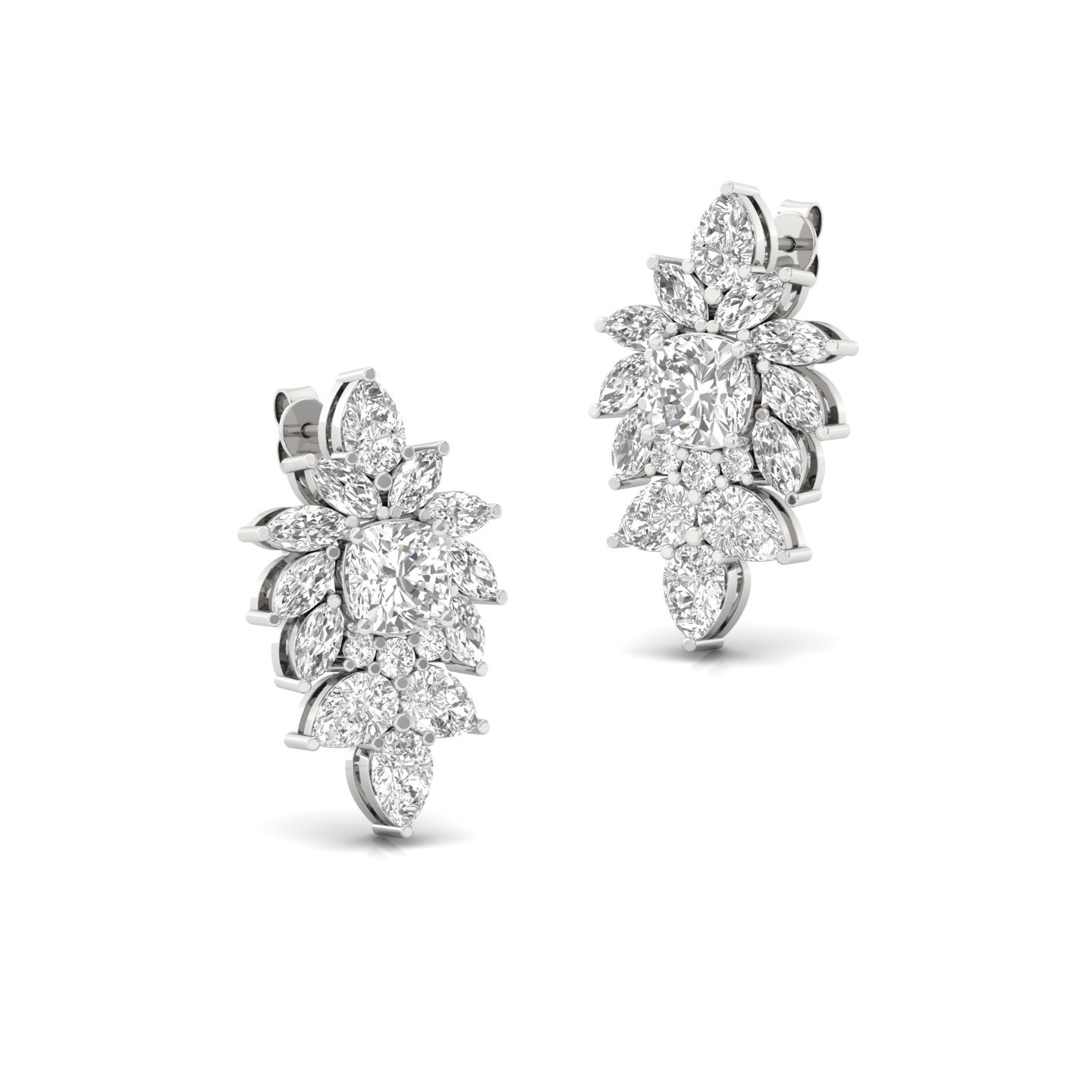 Sapphire & Diamond Halo Earrings (1 Pair) | Lab Grown Cushion Cut Sapphire with Marquise & Pear Diamond Cluster | 925 Silver | 10K | 14K | 18K - View 3