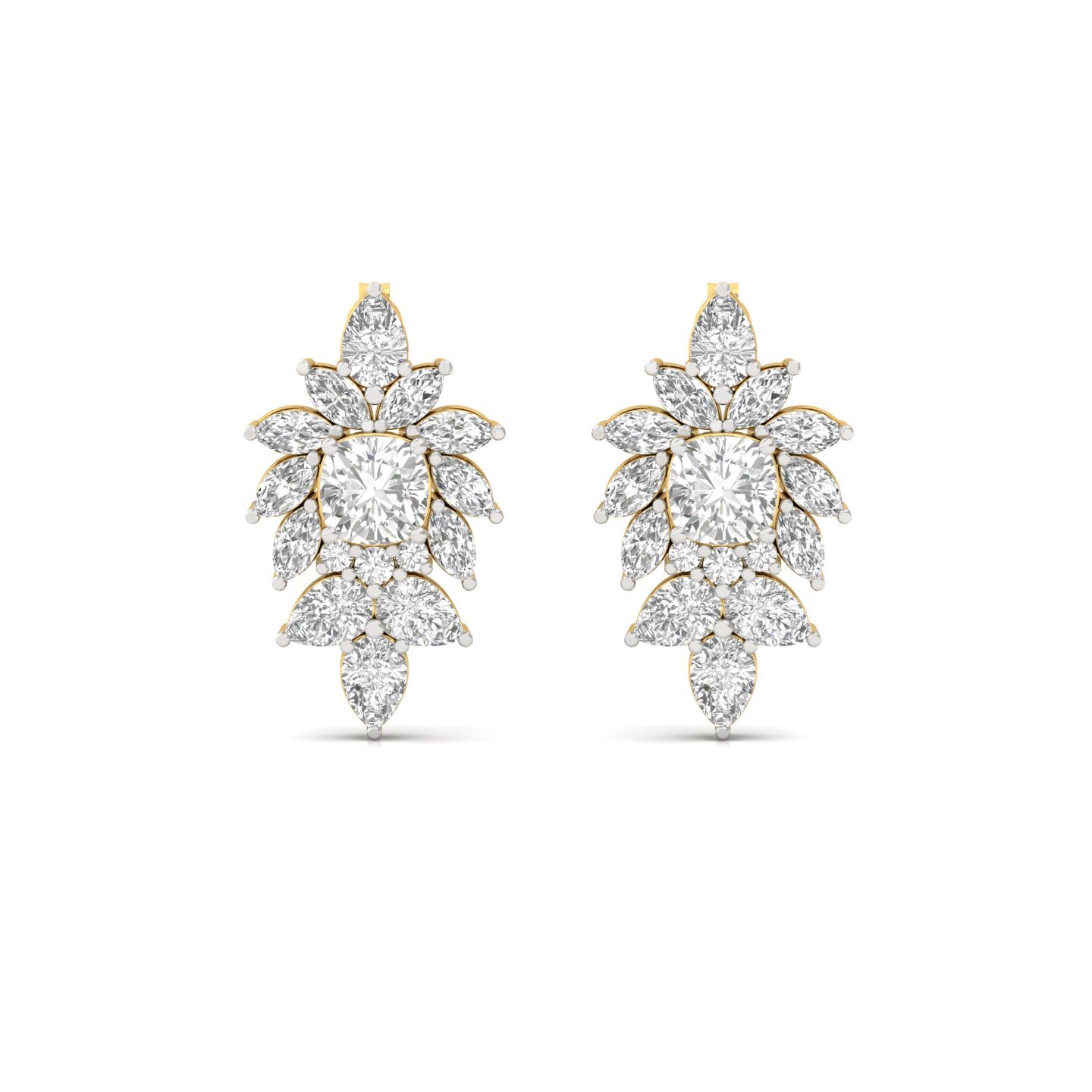 Sapphire & Diamond Halo Earrings (1 Pair) | Lab Grown Cushion Cut Sapphire with Marquise & Pear Diamond Cluster | 925 Silver | 10K | 14K | 18K - View 2
