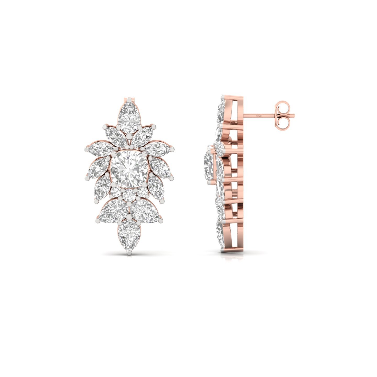 Sapphire & Diamond Halo Earrings (1 Pair) | Lab Grown Cushion Cut Sapphire with Marquise & Pear Diamond Cluster | 925 Silver | 10K | 14K | 18K - Rose Gold Main View