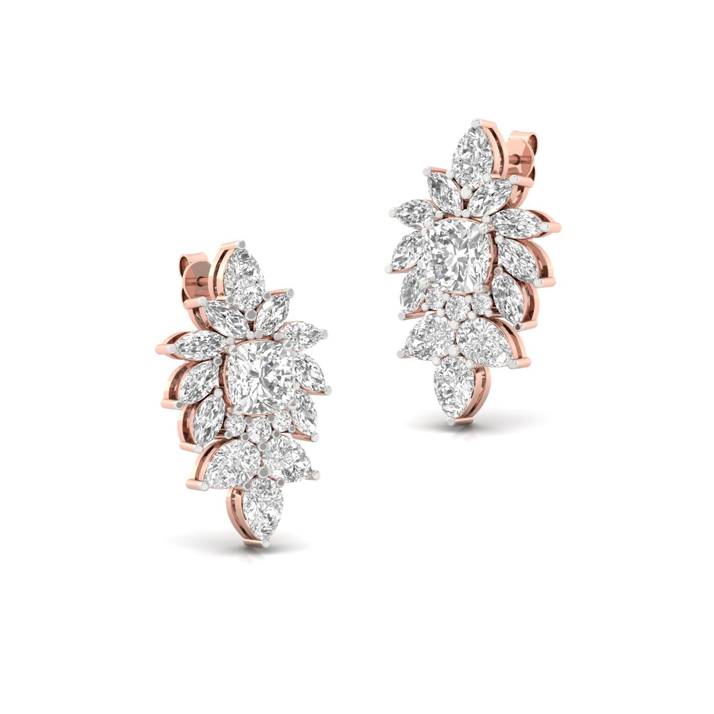 Sapphire & Diamond Halo Earrings (1 Pair) | Lab Grown Cushion Cut Sapphire with Marquise & Pear Diamond Cluster | 925 Silver | 10K | 14K | 18K - View 3