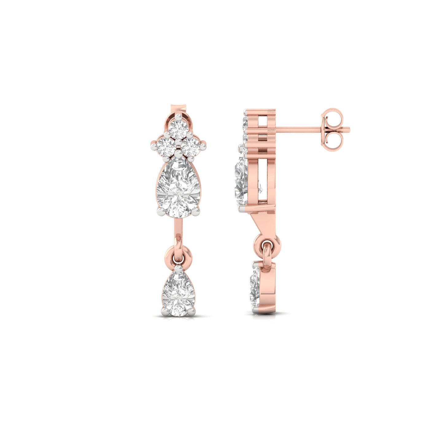 Pear & Round Diamond Drop Earrings (1 Pair) | Lab Grown CVD Diamond Dangling Earrings | 925 Silver | 10K | 14K | 18K - Rose Gold Main View