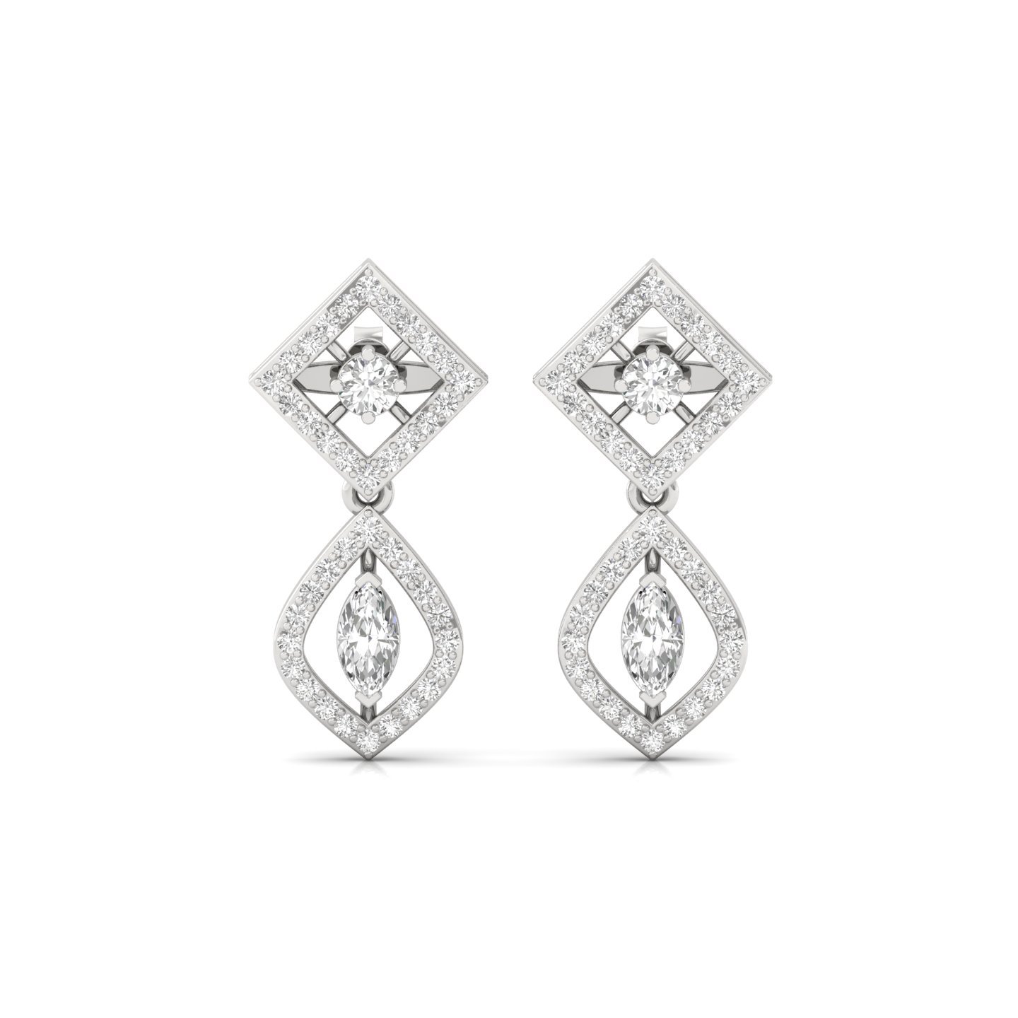 Marquise & Round Diamond Drop Earrings (1 Pair) | Lab Grown CVD Diamond Dangling Earrings | 925 Silver | 10K | 14K | 18K - View 2