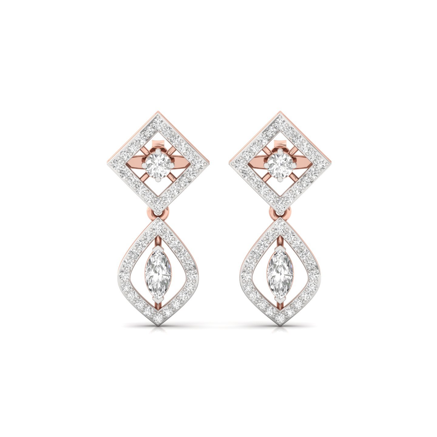 Marquise & Round Diamond Drop Earrings (1 Pair) | Lab Grown CVD Diamond Dangling Earrings | 925 Silver | 10K | 14K | 18K - View 2