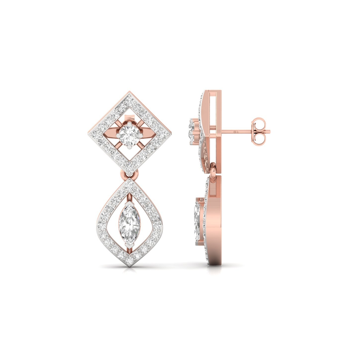 Marquise & Round Diamond Drop Earrings (1 Pair) | Lab Grown CVD Diamond Dangling Earrings | 925 Silver | 10K | 14K | 18K - Rose Gold Main View