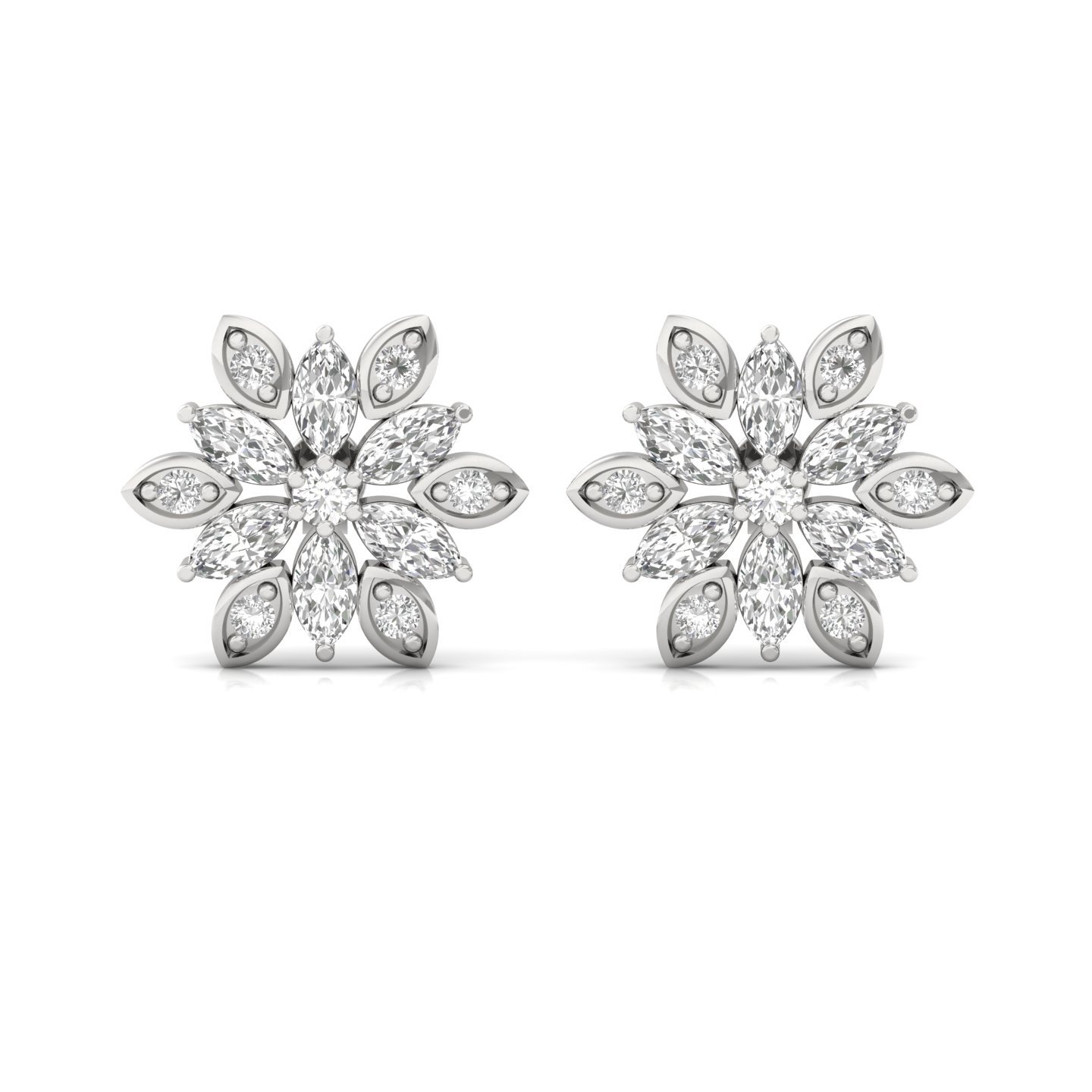 Marquise & Round Diamond Floral Stud Earrings (1 Pair) | Lab Grown CVD Diamond Flower Earrings | 925 Silver | 10K | 14K | 18K - View 2