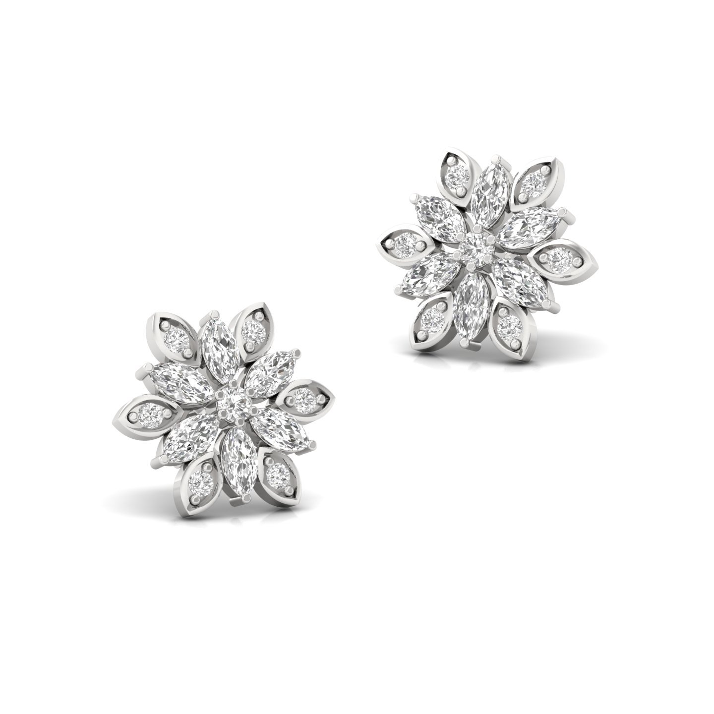 Marquise & Round Diamond Floral Stud Earrings (1 Pair) | Lab Grown CVD Diamond Flower Earrings | 925 Silver | 10K | 14K | 18K - View 3
