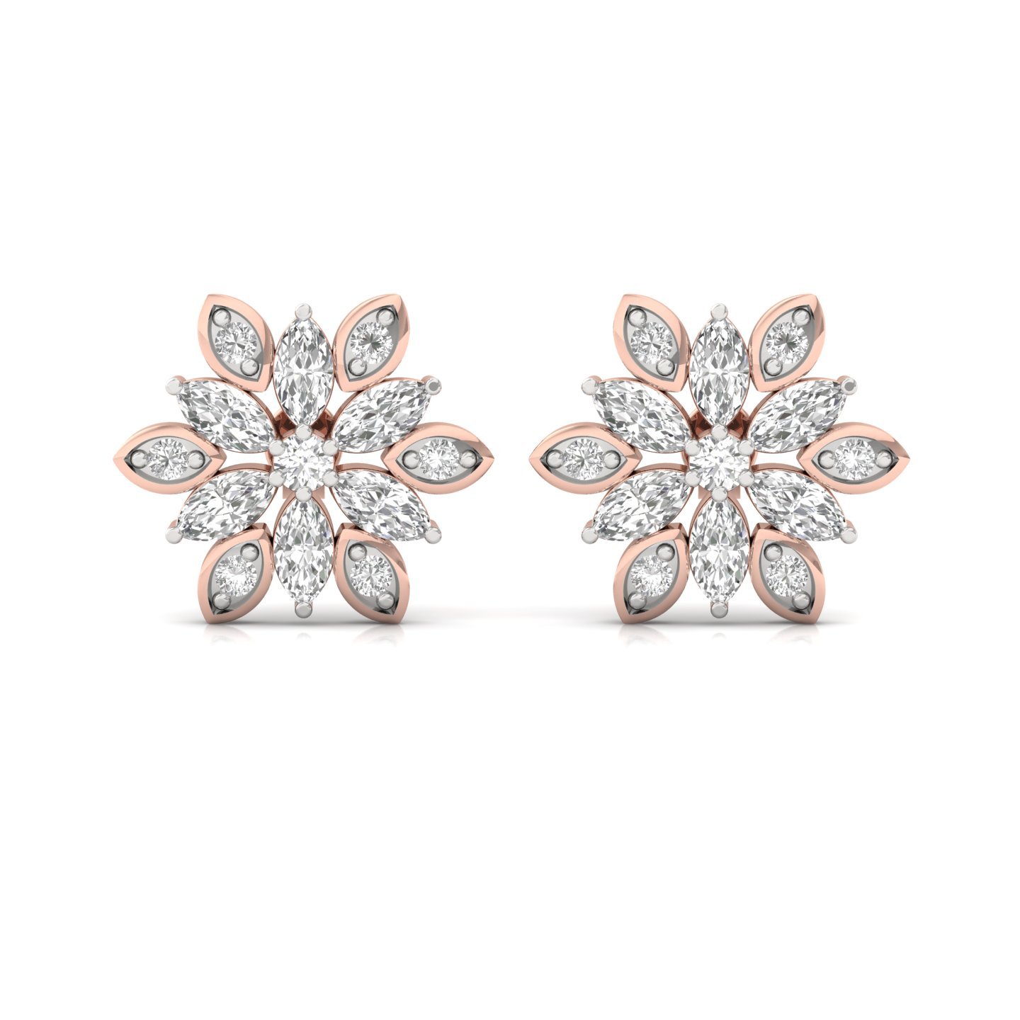 Marquise & Round Diamond Floral Stud Earrings (1 Pair) | Lab Grown CVD Diamond Flower Earrings | 925 Silver | 10K | 14K | 18K - View 2