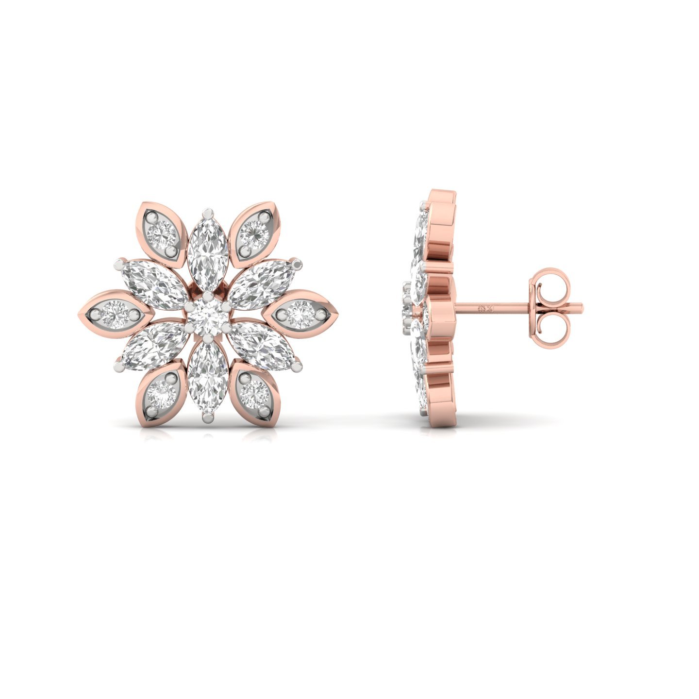 Marquise & Round Diamond Floral Stud Earrings (1 Pair) | Lab Grown CVD Diamond Flower Earrings | 925 Silver | 10K | 14K | 18K - Rose Gold Main View