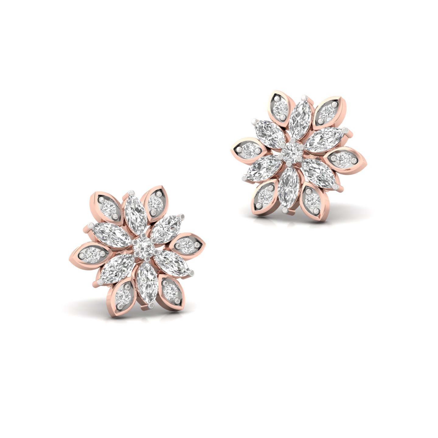 Marquise & Round Diamond Floral Stud Earrings (1 Pair) | Lab Grown CVD Diamond Flower Earrings | 925 Silver | 10K | 14K | 18K - View 3