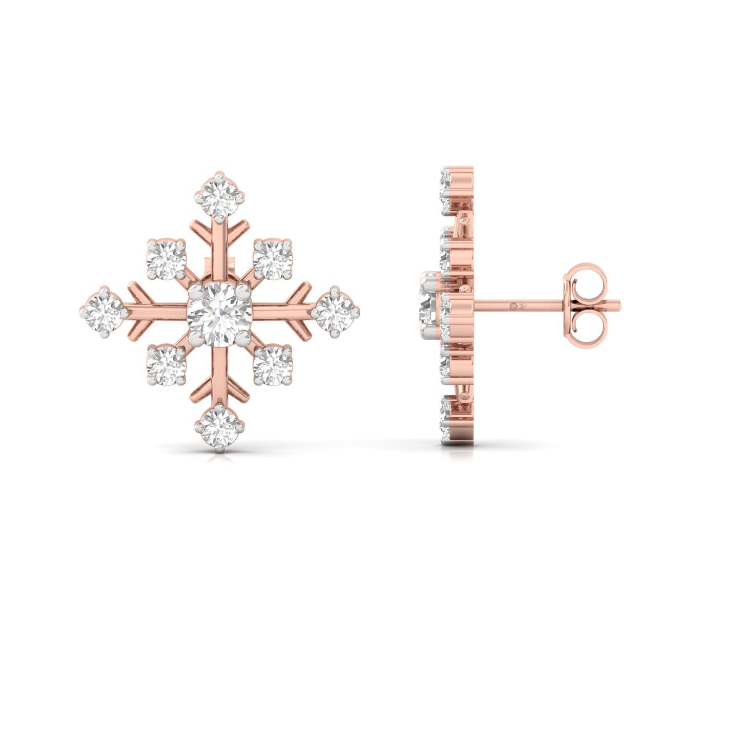 Round Diamond Snowflake Stud Earrings (1 Pair) | Lab Grown CVD Diamond Winter Jewellery | 925 Silver | 10K | 14K | 18K - Rose Gold Main View