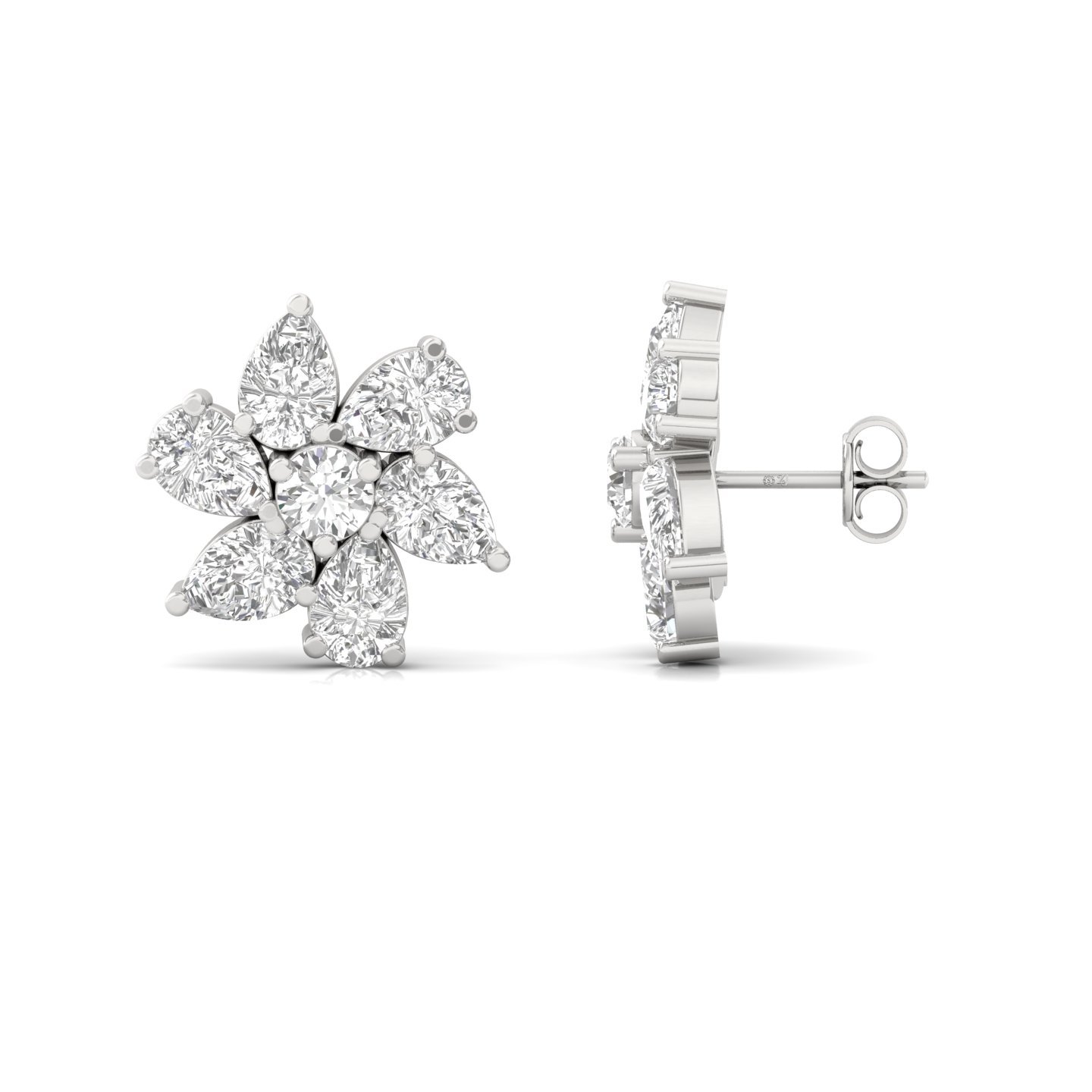 Pear & Round Diamond Floral Cluster Stud Earrings (1 Pair) | Lab Grown CVD Diamond Flower Earrings | 925 Silver | 10K | 14K | 18K - Main View