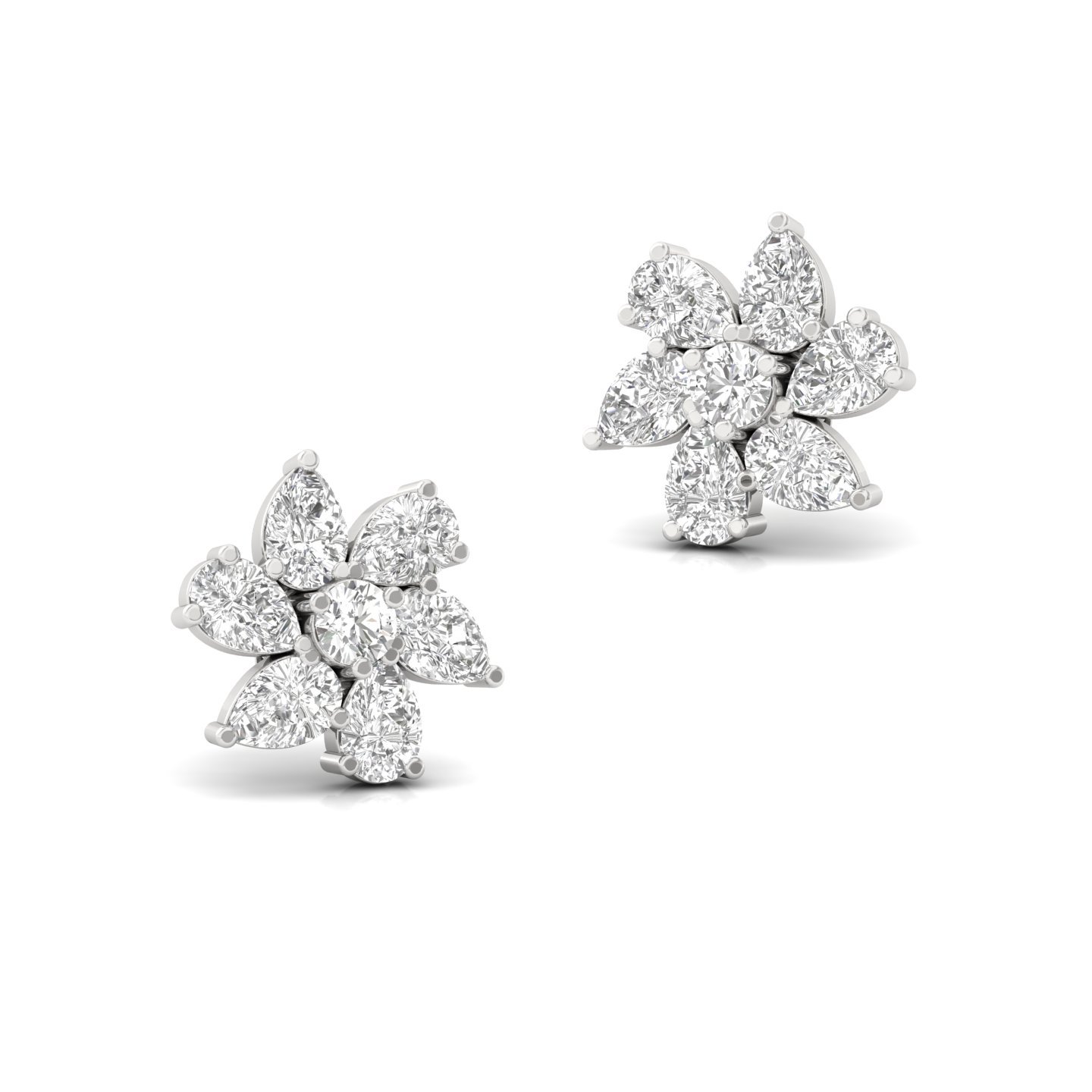 Pear & Round Diamond Floral Cluster Stud Earrings (1 Pair) | Lab Grown CVD Diamond Flower Earrings | 925 Silver | 10K | 14K | 18K - View 3
