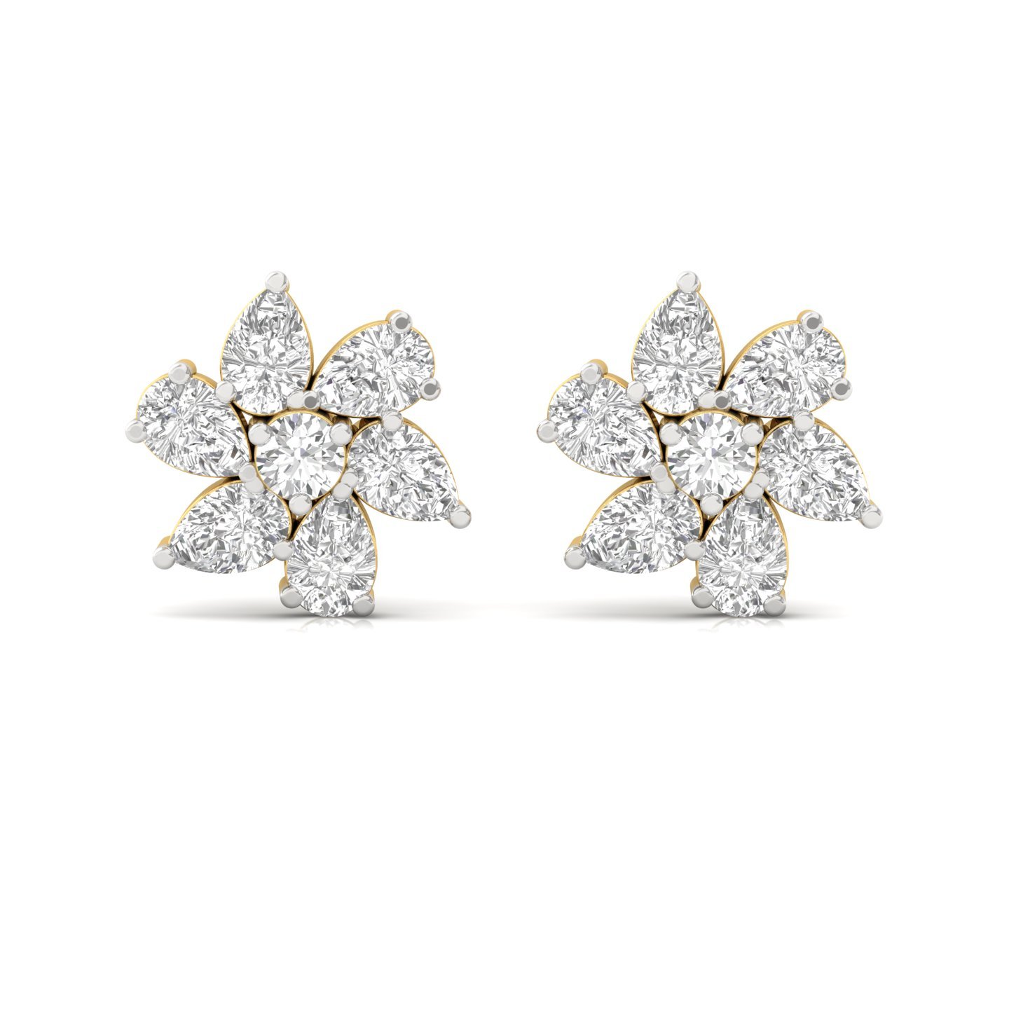 Pear & Round Diamond Floral Cluster Stud Earrings (1 Pair) | Lab Grown CVD Diamond Flower Earrings | 925 Silver | 10K | 14K | 18K - View 2