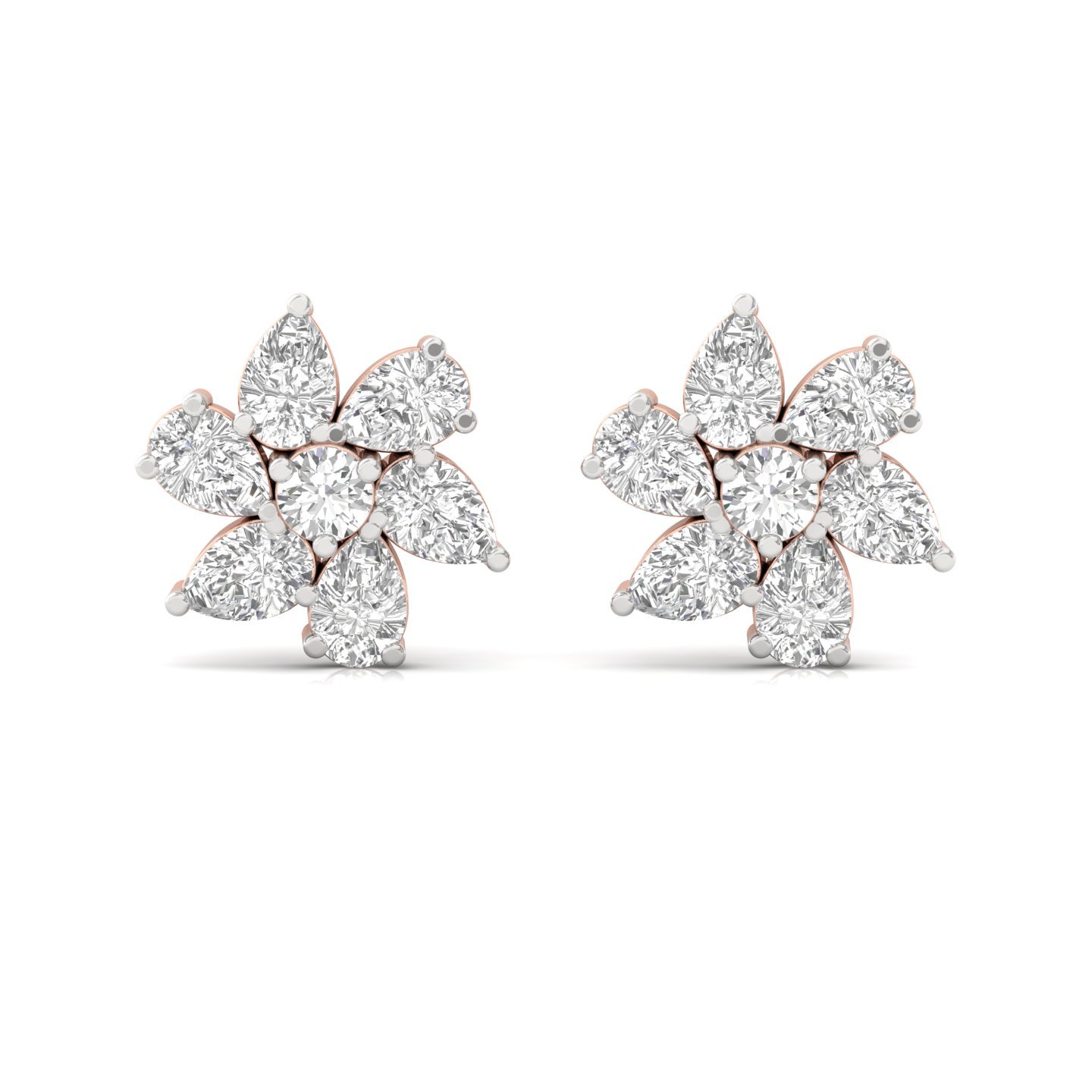 Pear & Round Diamond Floral Cluster Stud Earrings (1 Pair) | Lab Grown CVD Diamond Flower Earrings | 925 Silver | 10K | 14K | 18K - View 2