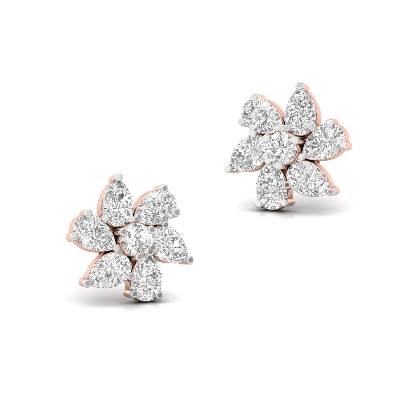 Pear & Round Diamond Floral Cluster Stud Earrings (1 Pair) | Lab Grown CVD Diamond Flower Earrings | 925 Silver | 10K | 14K | 18K - View 3
