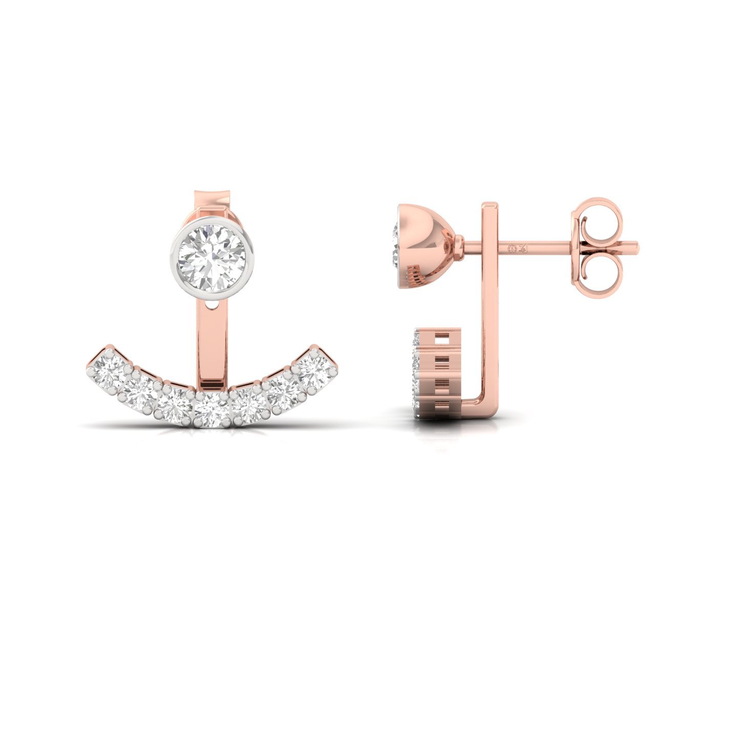 Round Cut Diamond Jacket Earrings (1 Pair) | Lab Grown CVD Diamond Ear Jackets with Solitaire Studs | 925 Silver | 10K | 14K | 18K - Rose Gold Main View