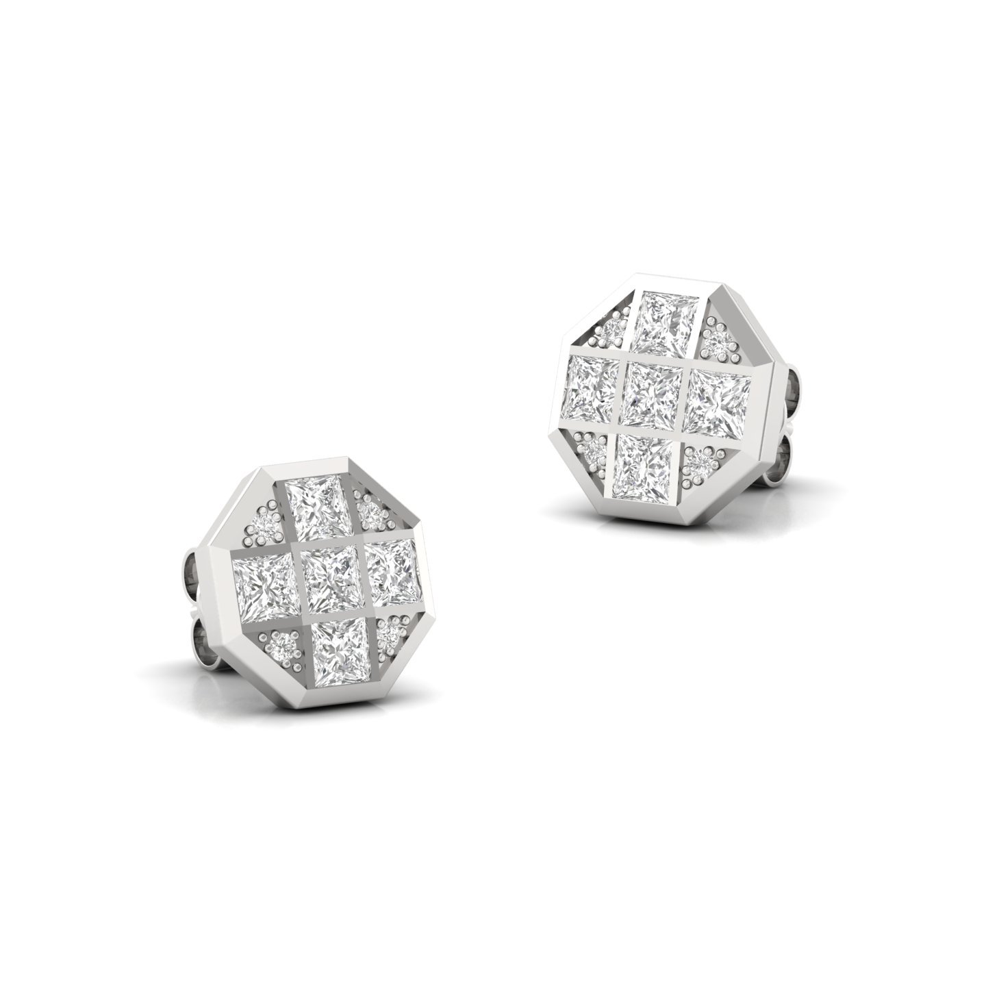 Princess Cut Cluster Diamond Earrings (1 Pair) | Lab Grown CVD Composite Diamond Studs | 925 Silver | 10K | 14K | 18K - View 3