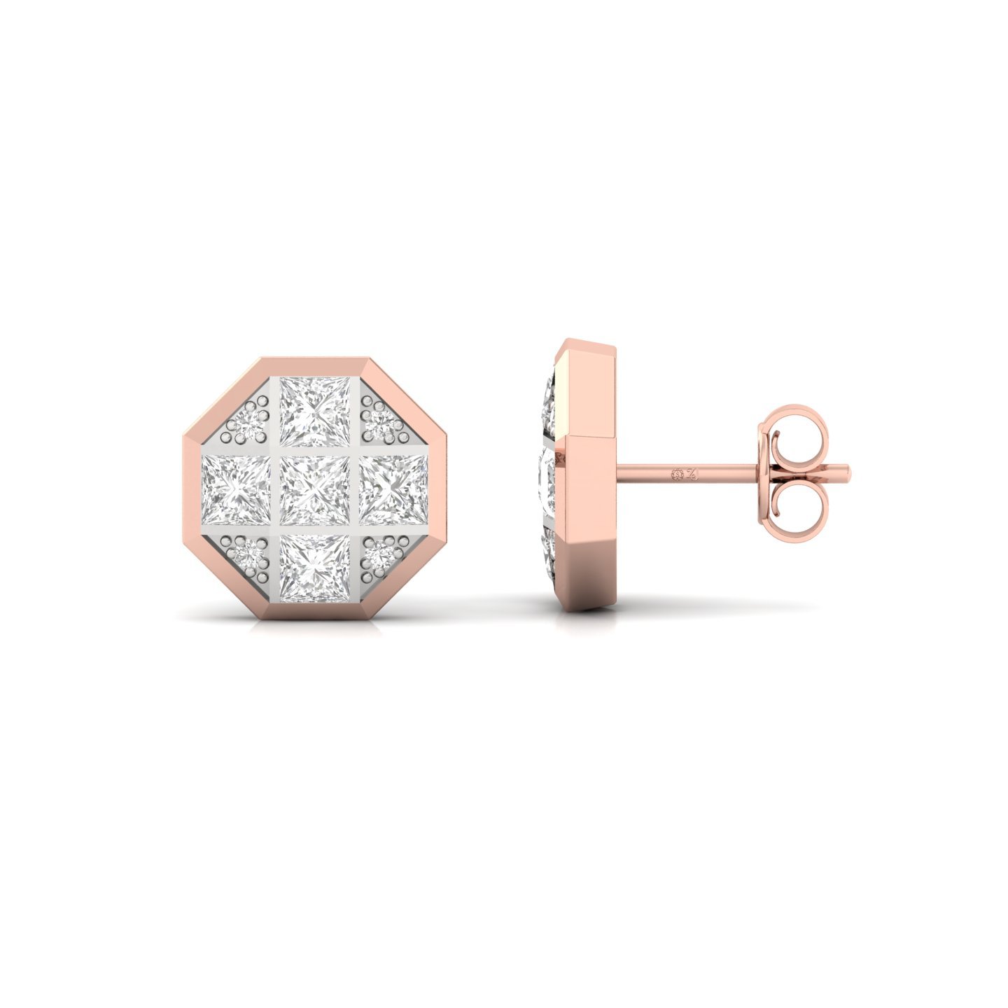 Princess Cut Cluster Diamond Earrings (1 Pair) | Lab Grown CVD Composite Diamond Studs | 925 Silver | 10K | 14K | 18K - Rose Gold Main View