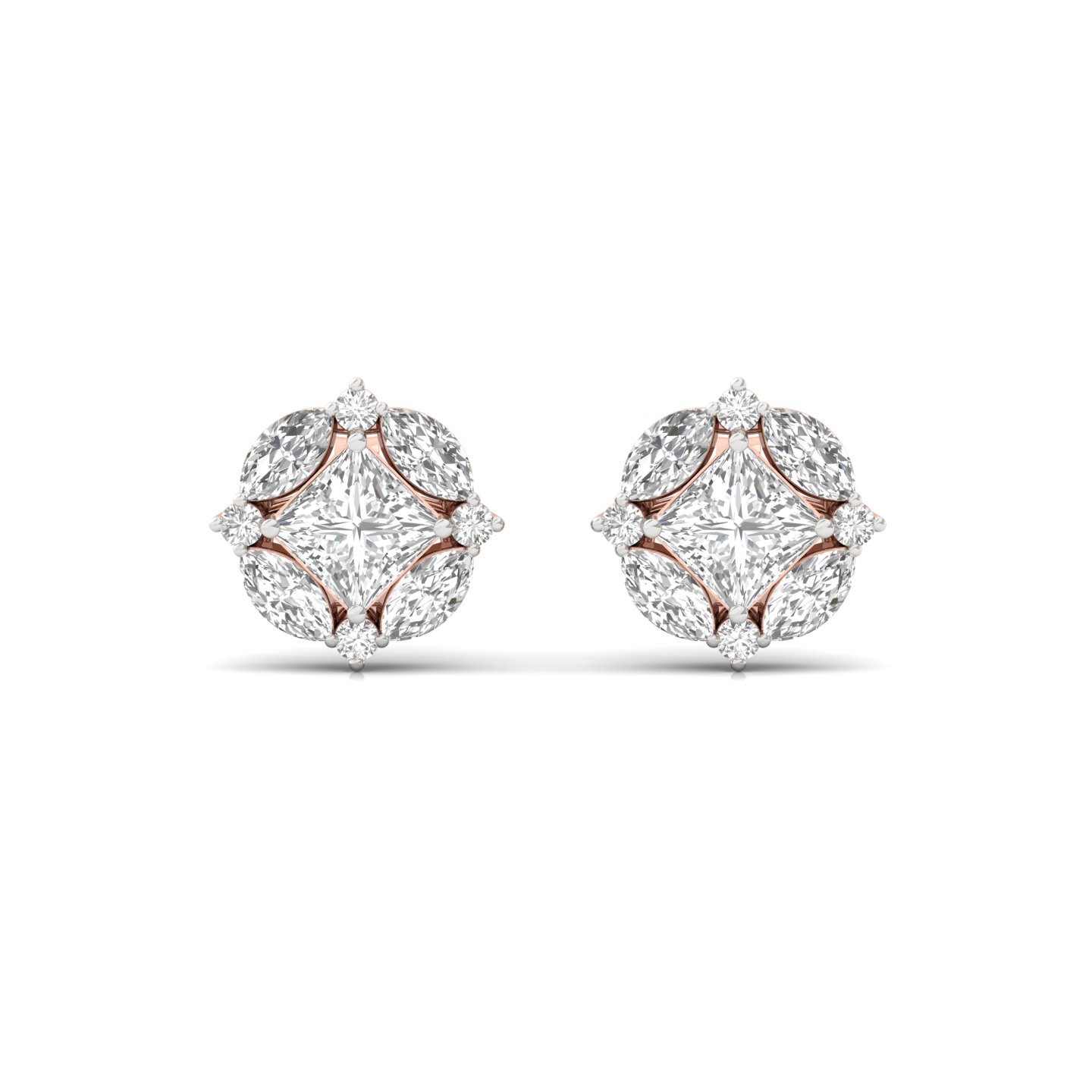 Marquise & Princess Cut Diamond Earrings (1 Pair) | Lab Grown CVD Diamond Cluster Studs | 925 Silver | 10K | 14K | 18K - View 2