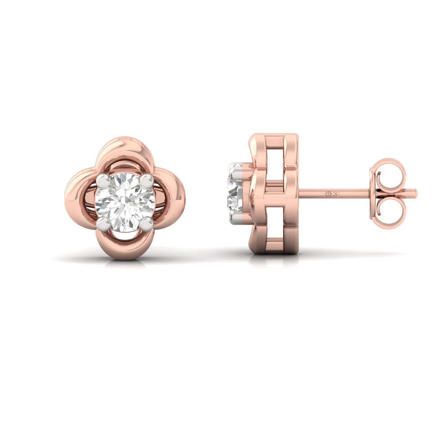 Round Cut Diamond Clover Stud Earrings (1 Pair) | Lab Grown CVD Diamond Solitaire Earrings | 925 Silver | 10K | 14K | 18K - Rose Gold Main View