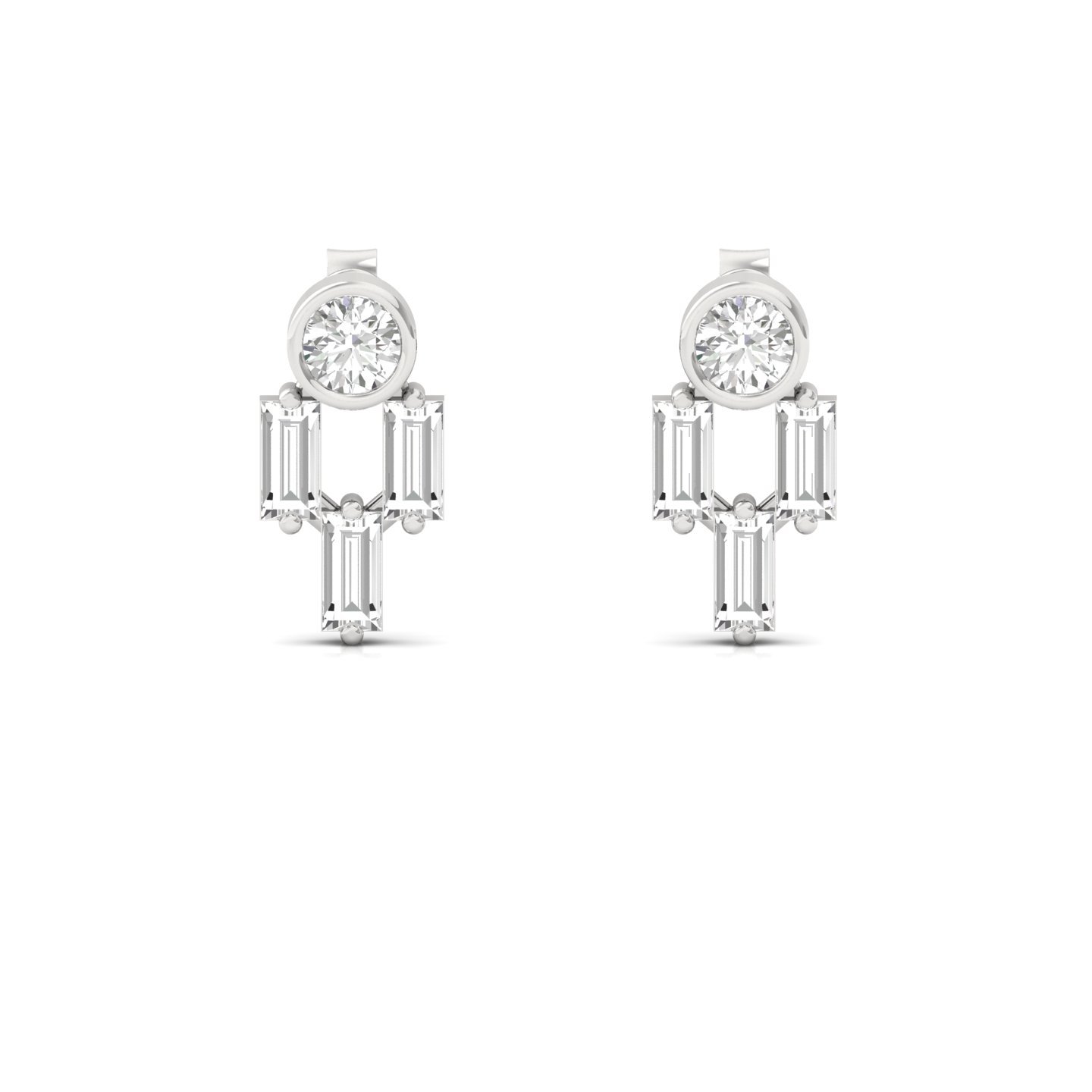 Round & Baguette Diamond Earrings (1 Pair) | Modern Lab Grown CVD Diamond Studs | 925 Silver | 10K | 14K | 18K - View 2
