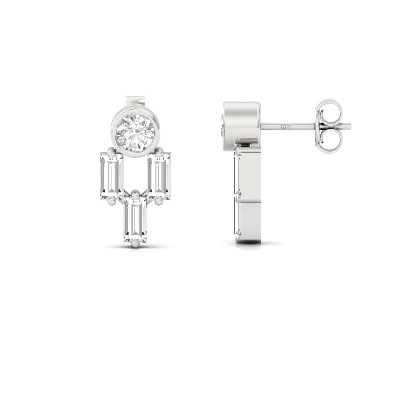 Round & Baguette Diamond Earrings (1 Pair) | Modern Lab Grown CVD Diamond Studs | 925 Silver | 10K | 14K | 18K - Main View