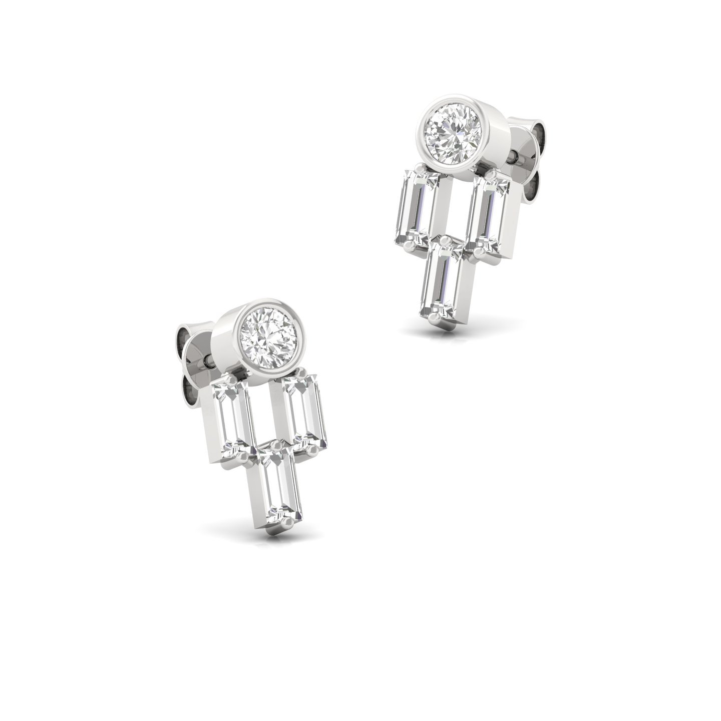 Round & Baguette Diamond Earrings (1 Pair) | Modern Lab Grown CVD Diamond Studs | 925 Silver | 10K | 14K | 18K - View 3