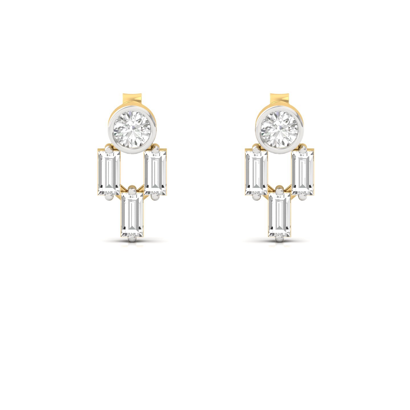 Round & Baguette Diamond Earrings (1 Pair) | Modern Lab Grown CVD Diamond Studs | 925 Silver | 10K | 14K | 18K - View 2
