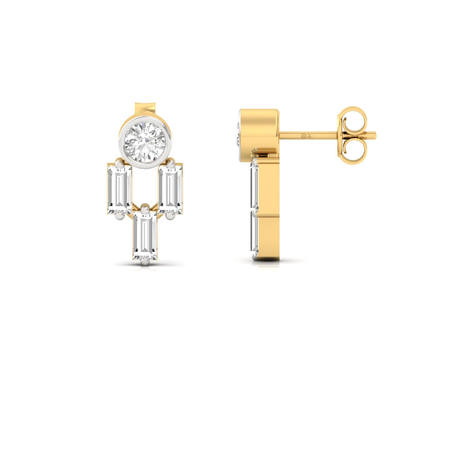 Round & Baguette Diamond Earrings (1 Pair) | Modern Lab Grown CVD Diamond Studs | 925 Silver | 10K | 14K | 18K - Gold Main View