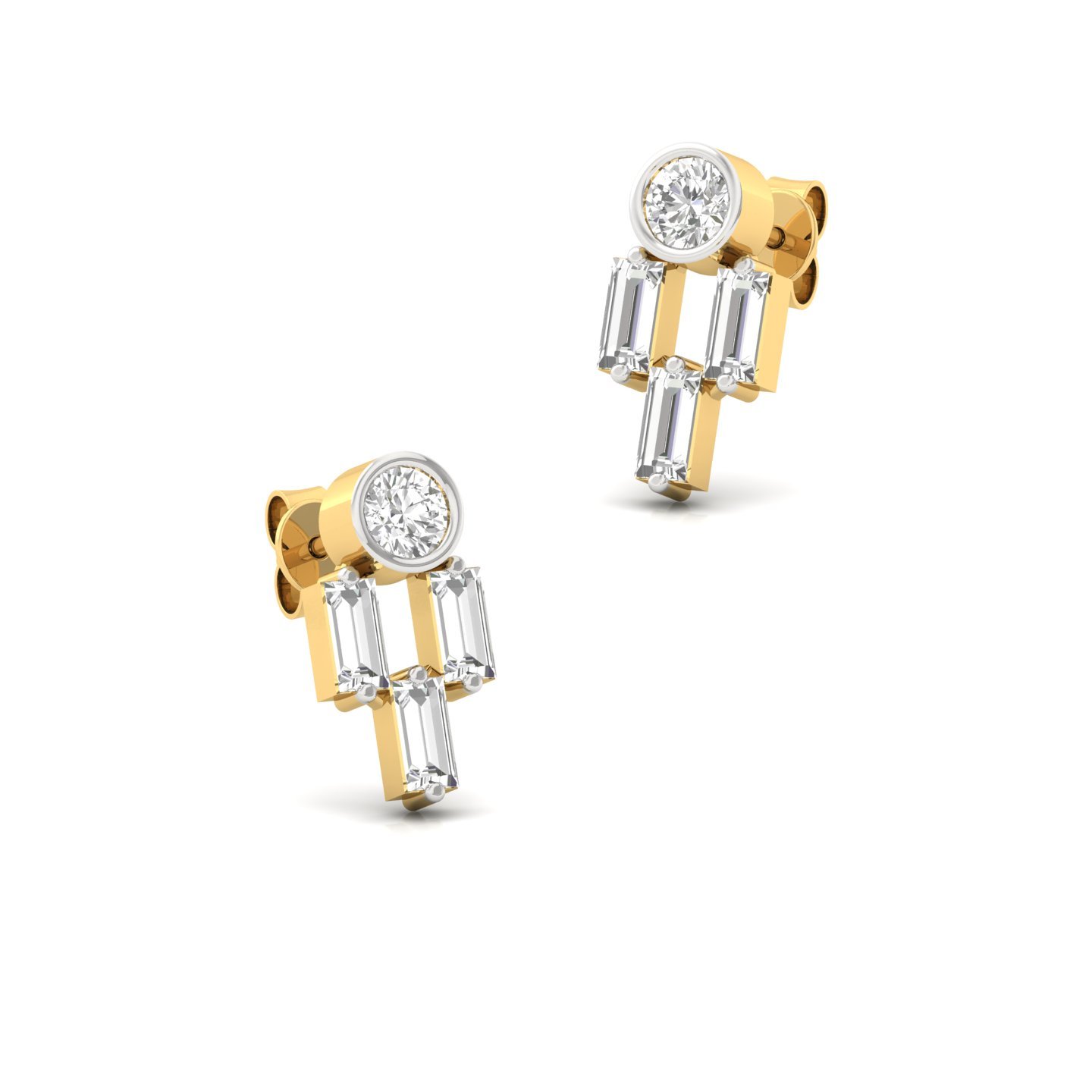 Round & Baguette Diamond Earrings (1 Pair) | Modern Lab Grown CVD Diamond Studs | 925 Silver | 10K | 14K | 18K - View 3