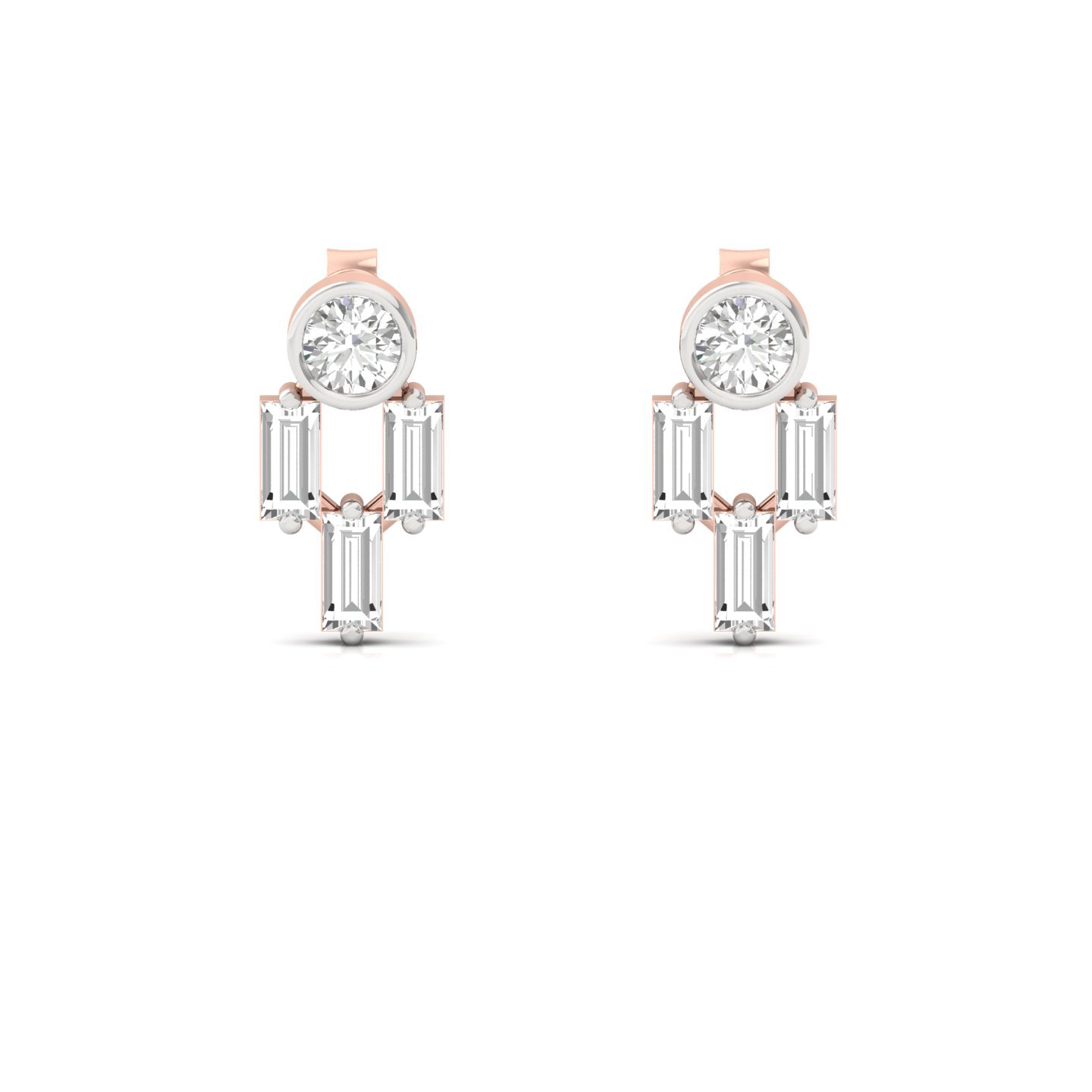 Round & Baguette Diamond Earrings (1 Pair) | Modern Lab Grown CVD Diamond Studs | 925 Silver | 10K | 14K | 18K - View 2