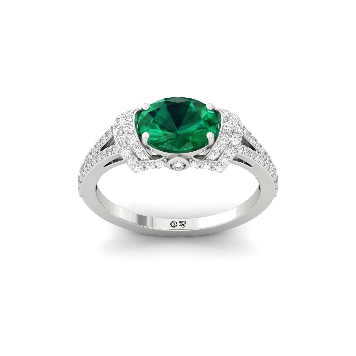 Emerald Oval Halo Diamond Engagement Ring | Lab Grown Green Gemstone & CVD Diamonds | 925 Silver | 10K | 14K | 18K - Main View