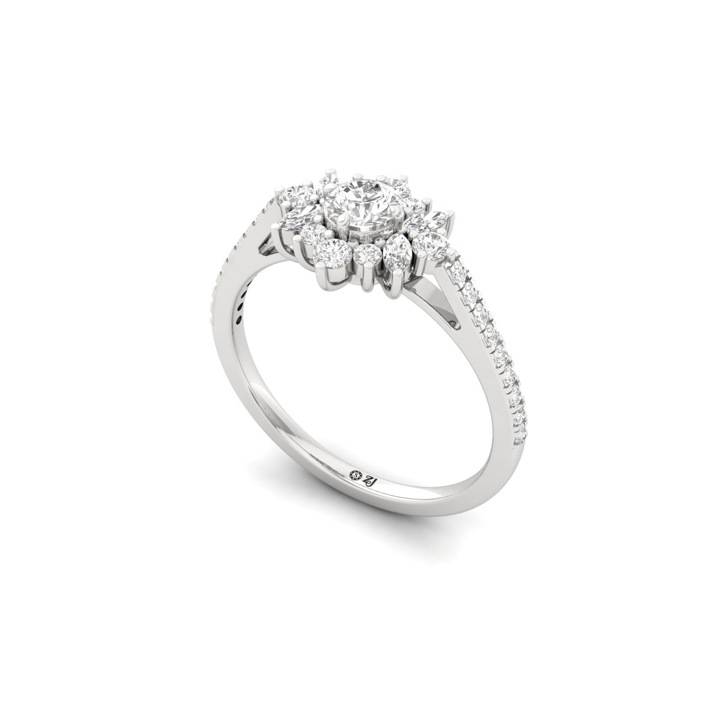 Round & Marquise Cut Diamond Halo Engagement Ring | Lab Grown CVD Diamond Cluster Ring | 925 Silver | 10K | 14K | 18K - View 2