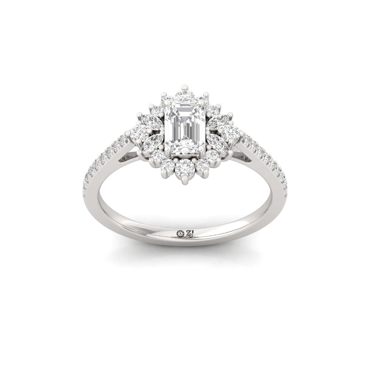 Emerald & Marquise Cut Diamond Halo Engagement Ring | Lab Grown CVD Diamond Cluster Ring | 925 Silver | 10K | 14K | 18K - Main View