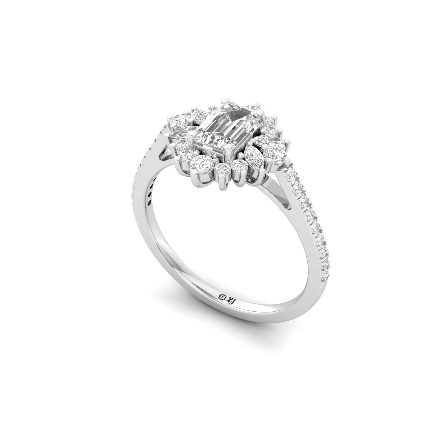 Emerald & Marquise Cut Diamond Halo Engagement Ring | Lab Grown CVD Diamond Cluster Ring | 925 Silver | 10K | 14K | 18K - View 2