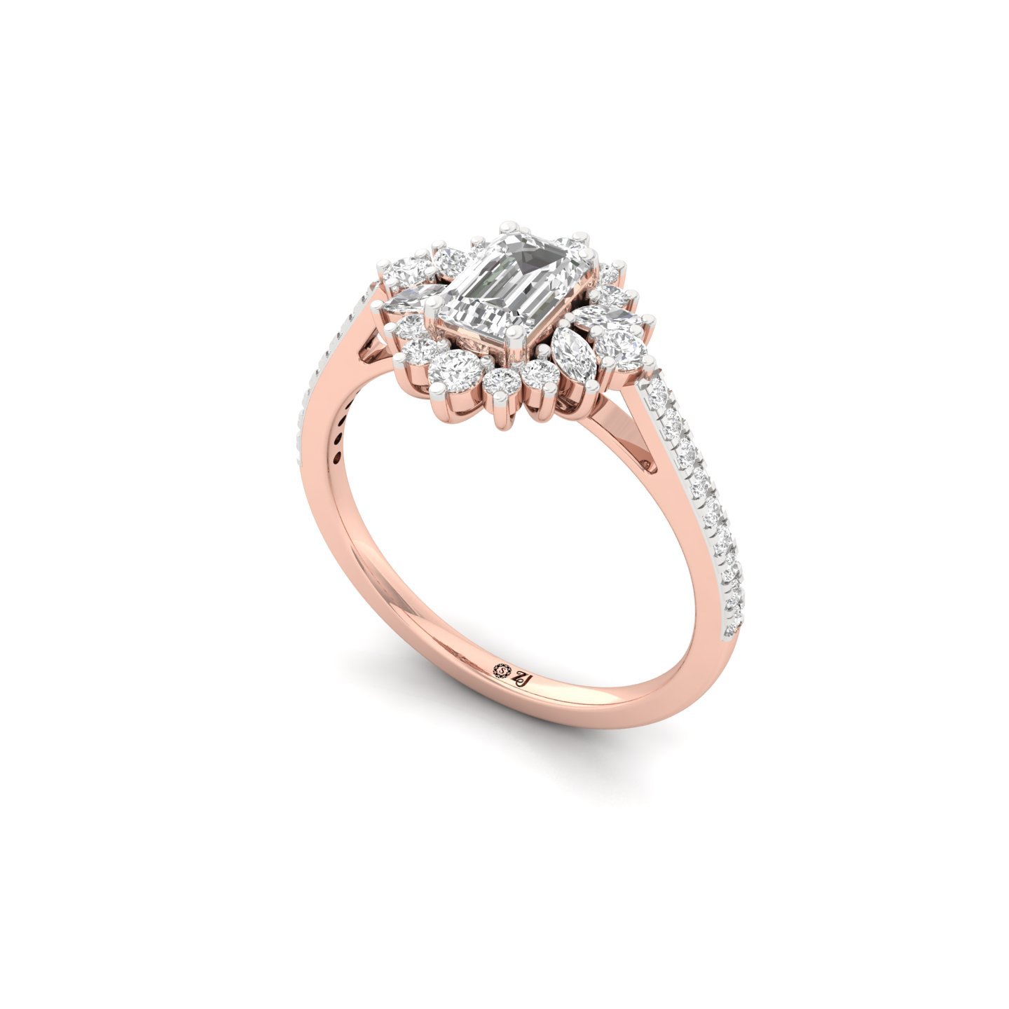 Emerald & Marquise Cut Diamond Halo Engagement Ring | Lab Grown CVD Diamond Cluster Ring | 925 Silver | 10K | 14K | 18K - View 2