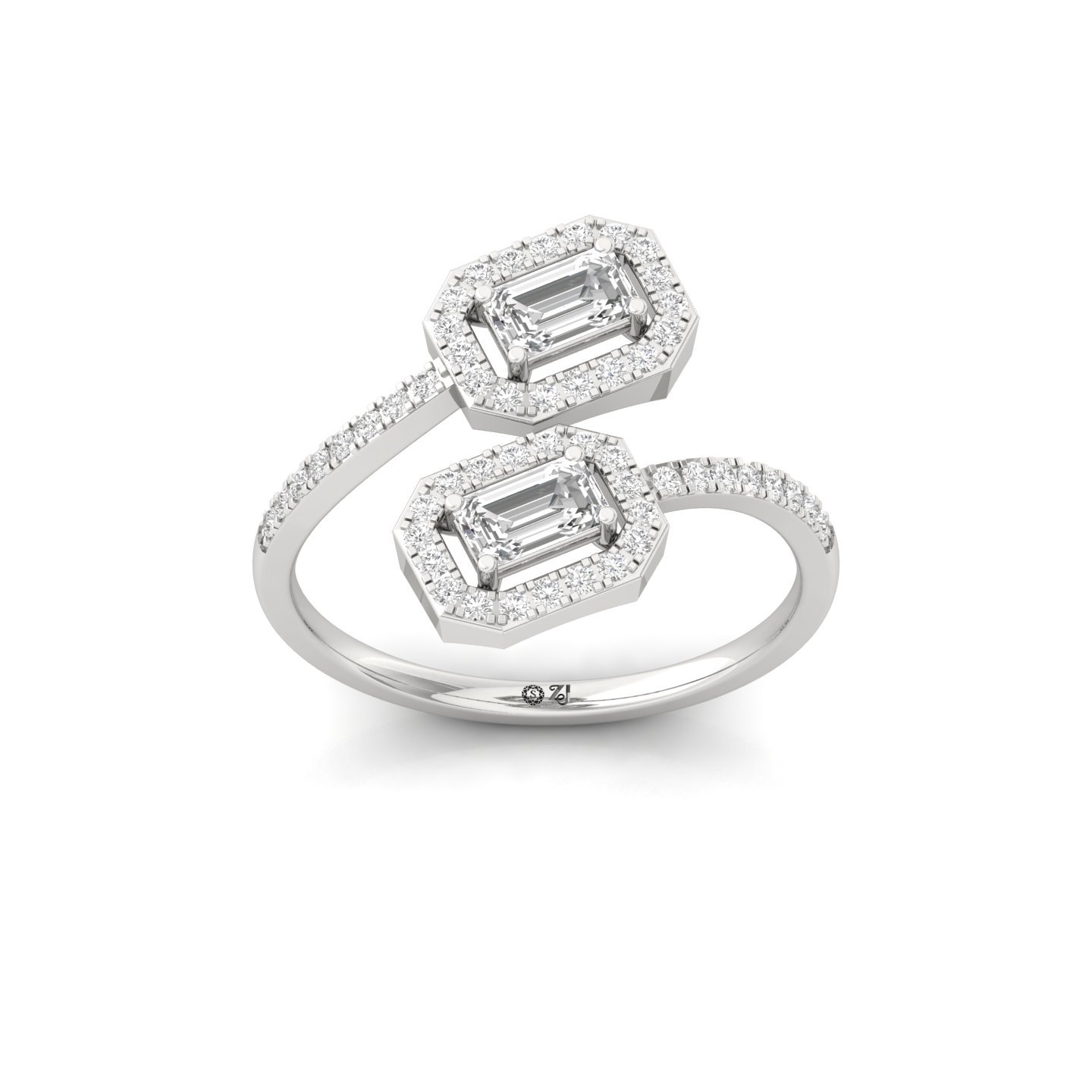 Emerald Cut Diamond Double Halo Ring | Lab Grown CVD Diamond Two-Stone Engagement Ring | 925 Silver | 10K | 14K | 18K - Main View