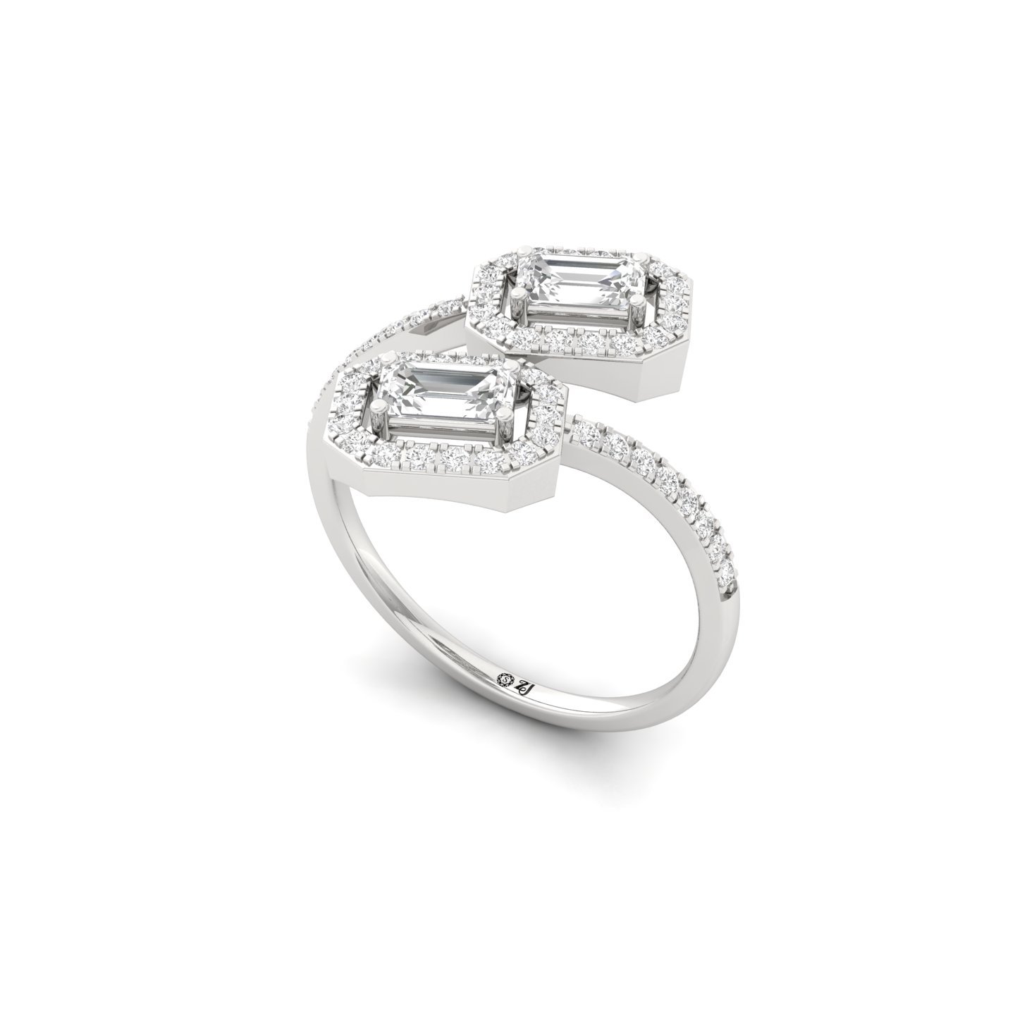 Emerald Cut Diamond Double Halo Ring | Lab Grown CVD Diamond Two-Stone Engagement Ring | 925 Silver | 10K | 14K | 18K - View 2