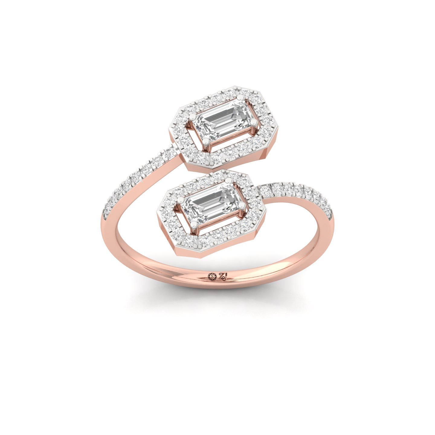 Emerald Cut Diamond Double Halo Ring | Lab Grown CVD Diamond Two-Stone Engagement Ring | 925 Silver | 10K | 14K | 18K - Rose Gold Main View