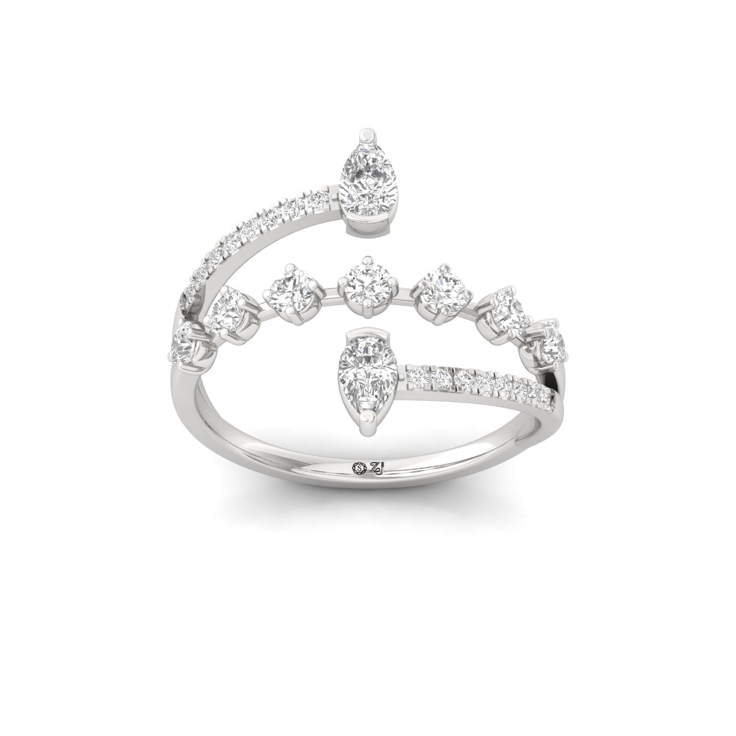 Pear & Round Diamond Open Bypass Ring | Lab Grown CVD Diamond Statement Ring | 925 Silver | 10K | 14K | 18K - Main View