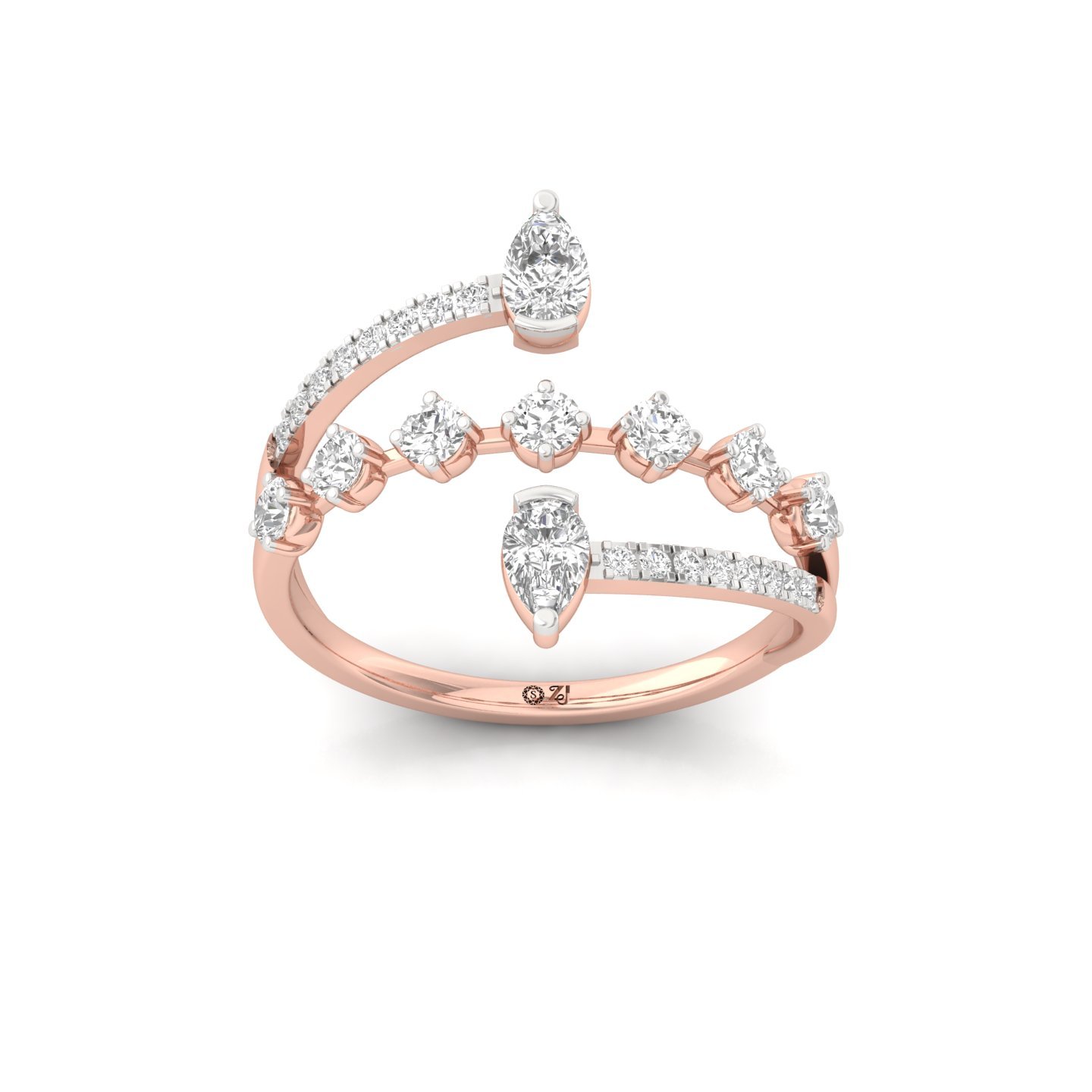Pear & Round Diamond Open Bypass Ring | Lab Grown CVD Diamond Statement Ring | 925 Silver | 10K | 14K | 18K - Rose Gold Main View