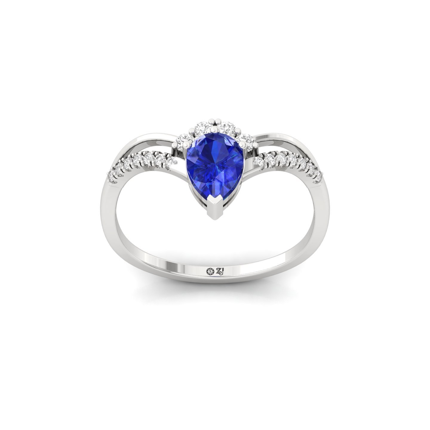 Pear Cut Blue Sapphire & Diamond Ring | Lab Grown CVD Diamond Accent Ring | 925 Silver | 10K | 14K | 18K - Main View