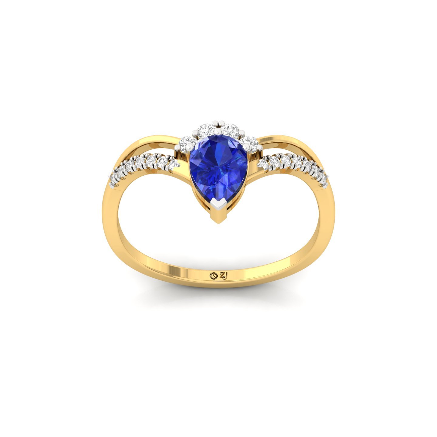 Pear Cut Blue Sapphire & Diamond Ring | Lab Grown CVD Diamond Accent Ring | 925 Silver | 10K | 14K | 18K - Gold Main View