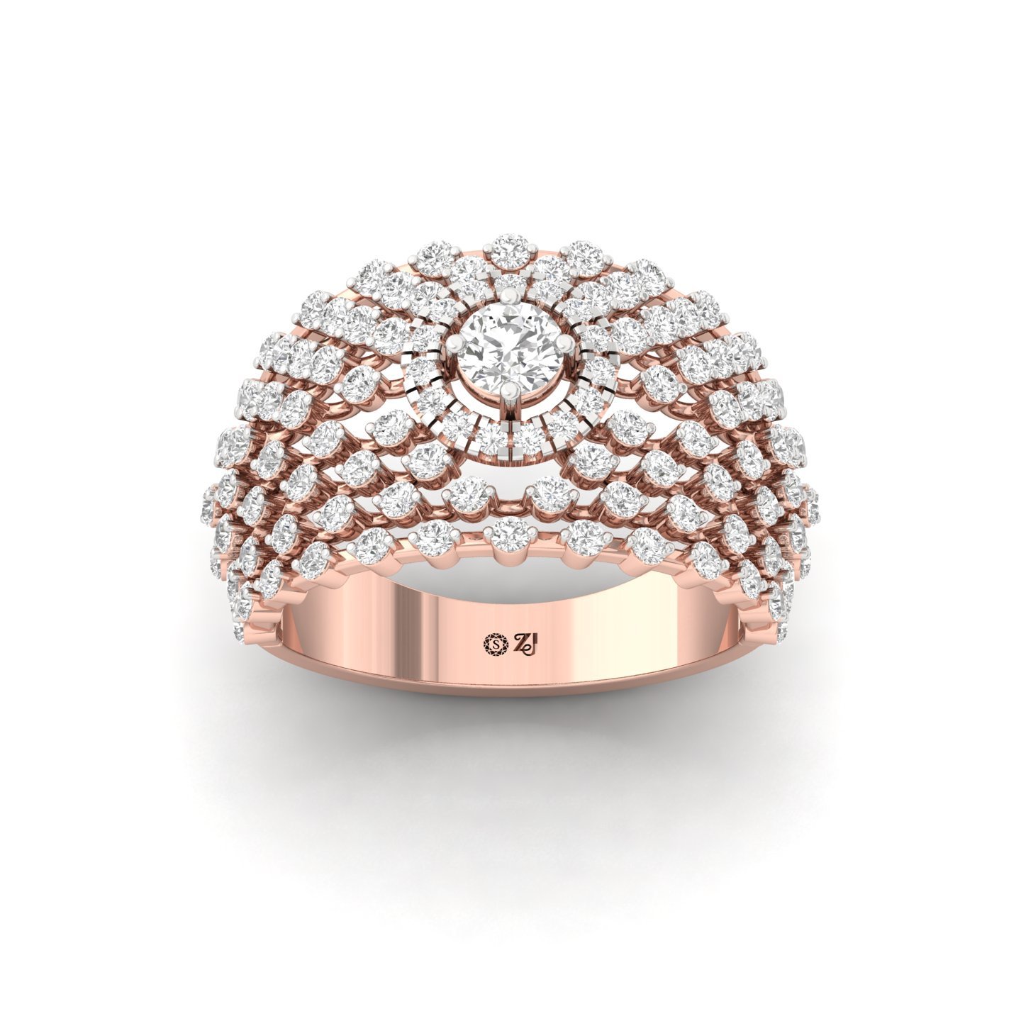 Round Cut Cluster Diamond Statement Ring | Lab Grown CVD Diamond Wide Band Ring | 925 Silver | 10K | 14K | 18K - Rose Gold Main View