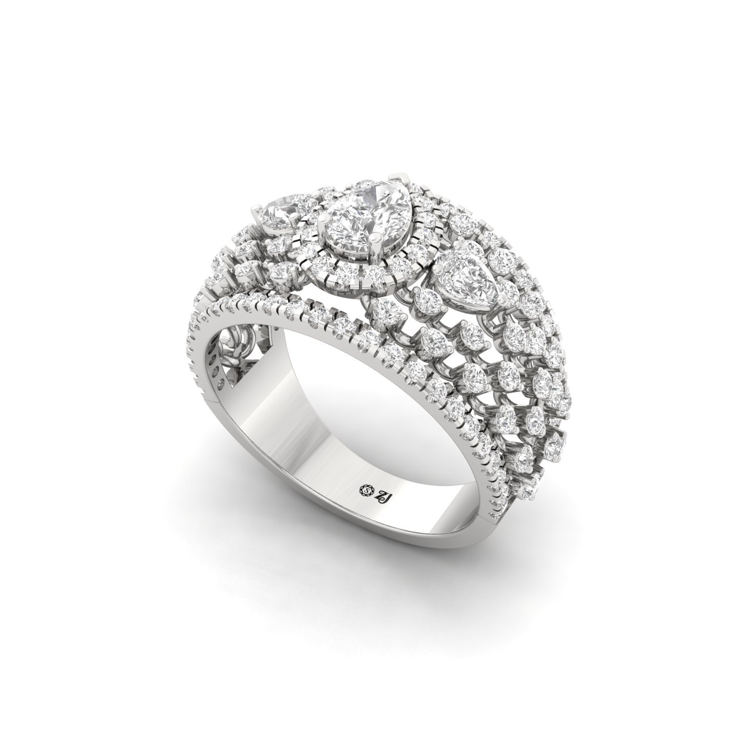 Pear & Round Cut Cluster Diamond Wide Band Ring | Lab Grown CVD Diamond Statement Ring | 925 Silver | 10K | 14K | 18K - View 2