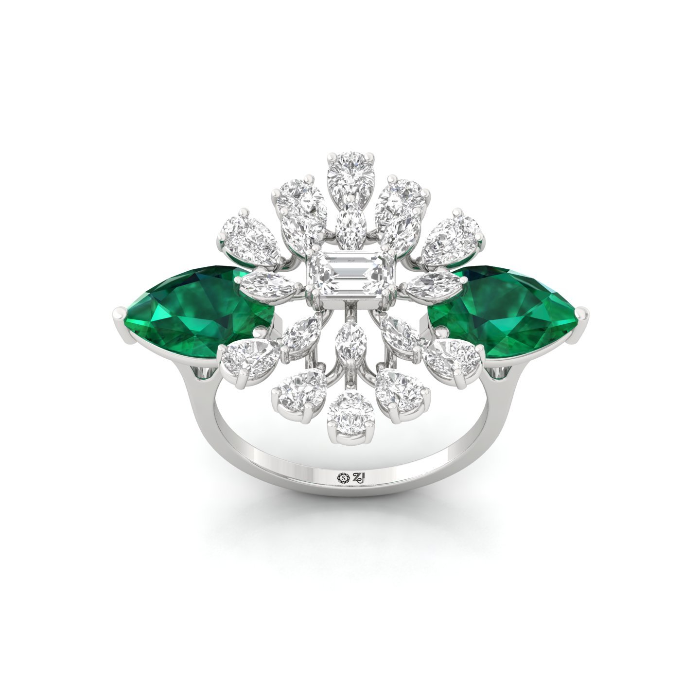 Emerald & Diamond Cocktail Ring | Marquise & Pear Lab Grown Diamond Designer Statement Ring | 925 Silver | 10K | 14K | 18K - Main View