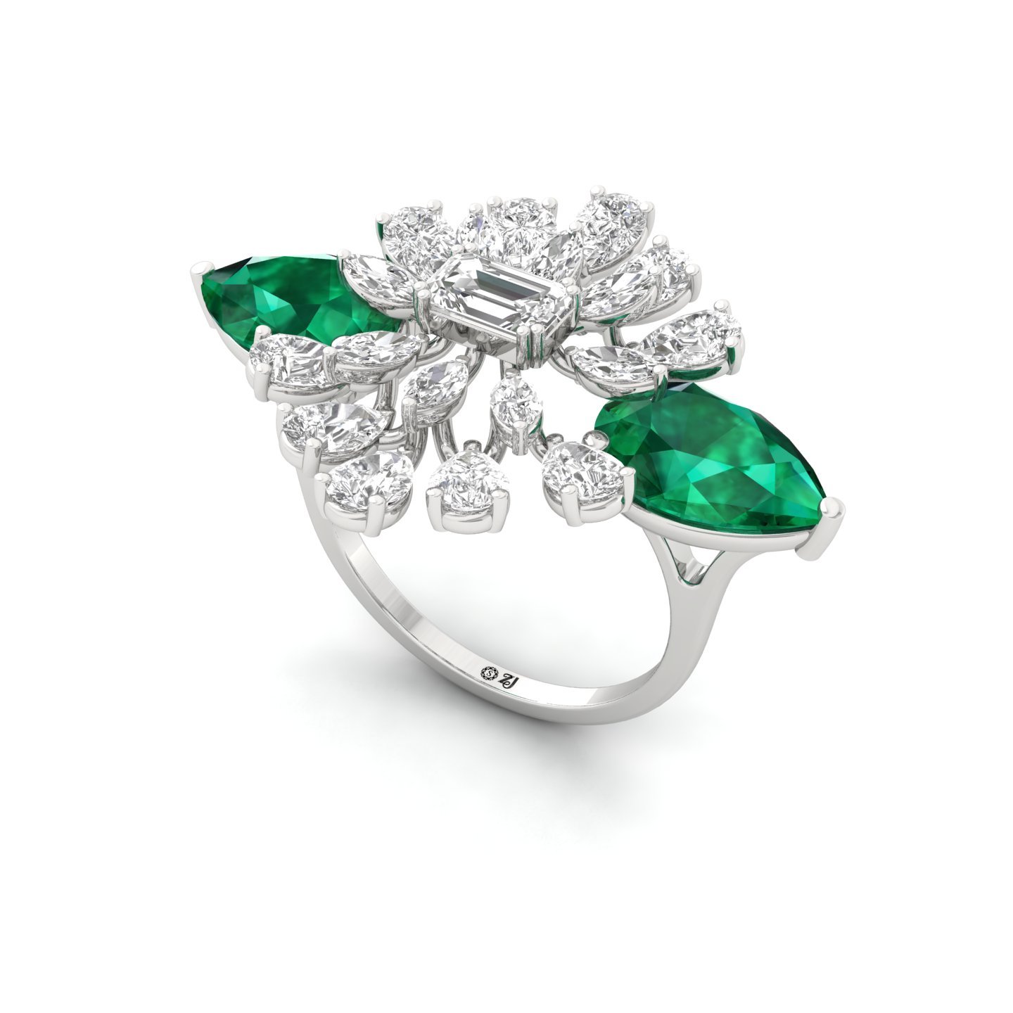 Emerald & Diamond Cocktail Ring | Marquise & Pear Lab Grown Diamond Designer Statement Ring | 925 Silver | 10K | 14K | 18K - View 2